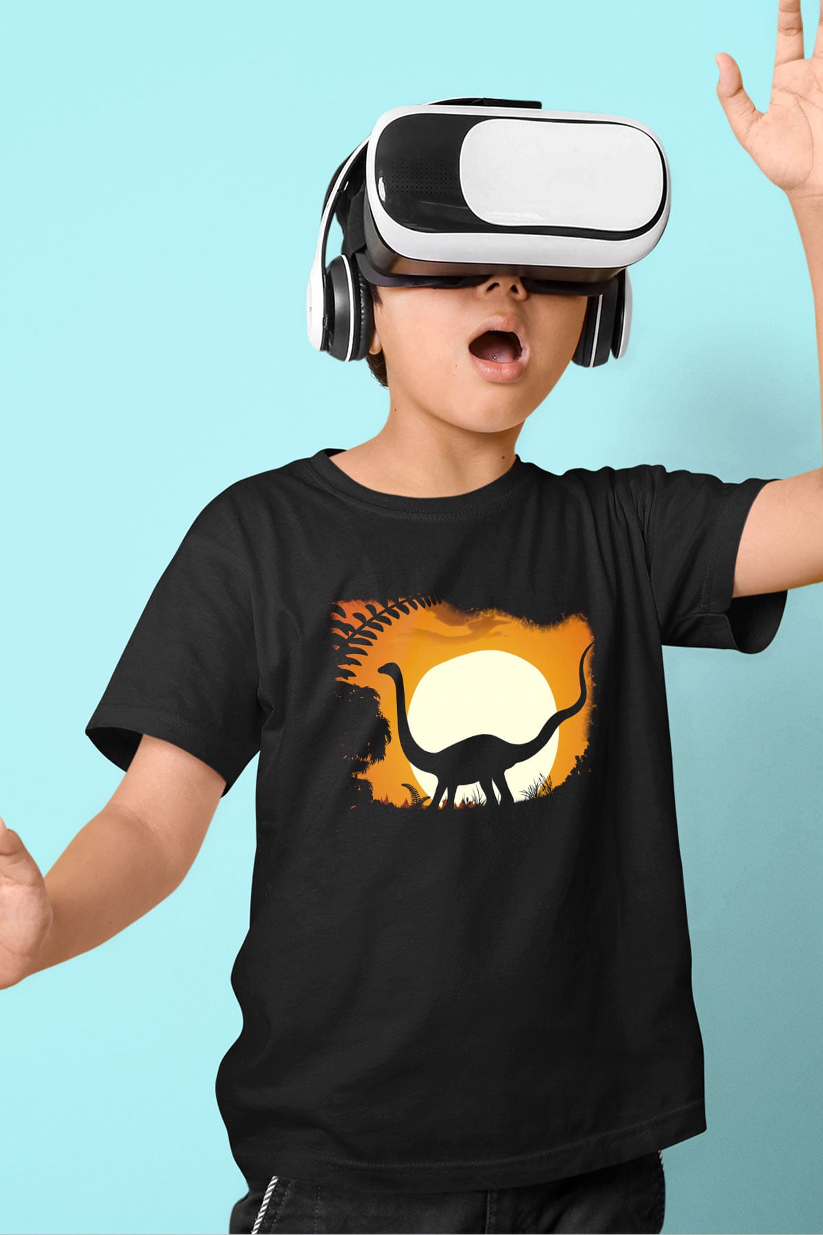 Dinozor Baskılı Siyah Unisex Çocuk Tişört
