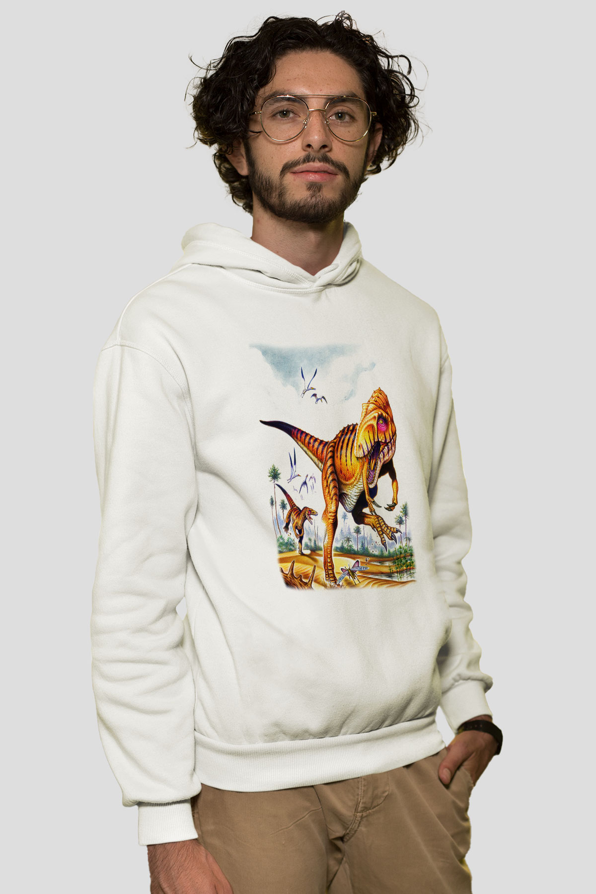 Dinozor Beyaz Unisex Kapşonlu Sweatshirt