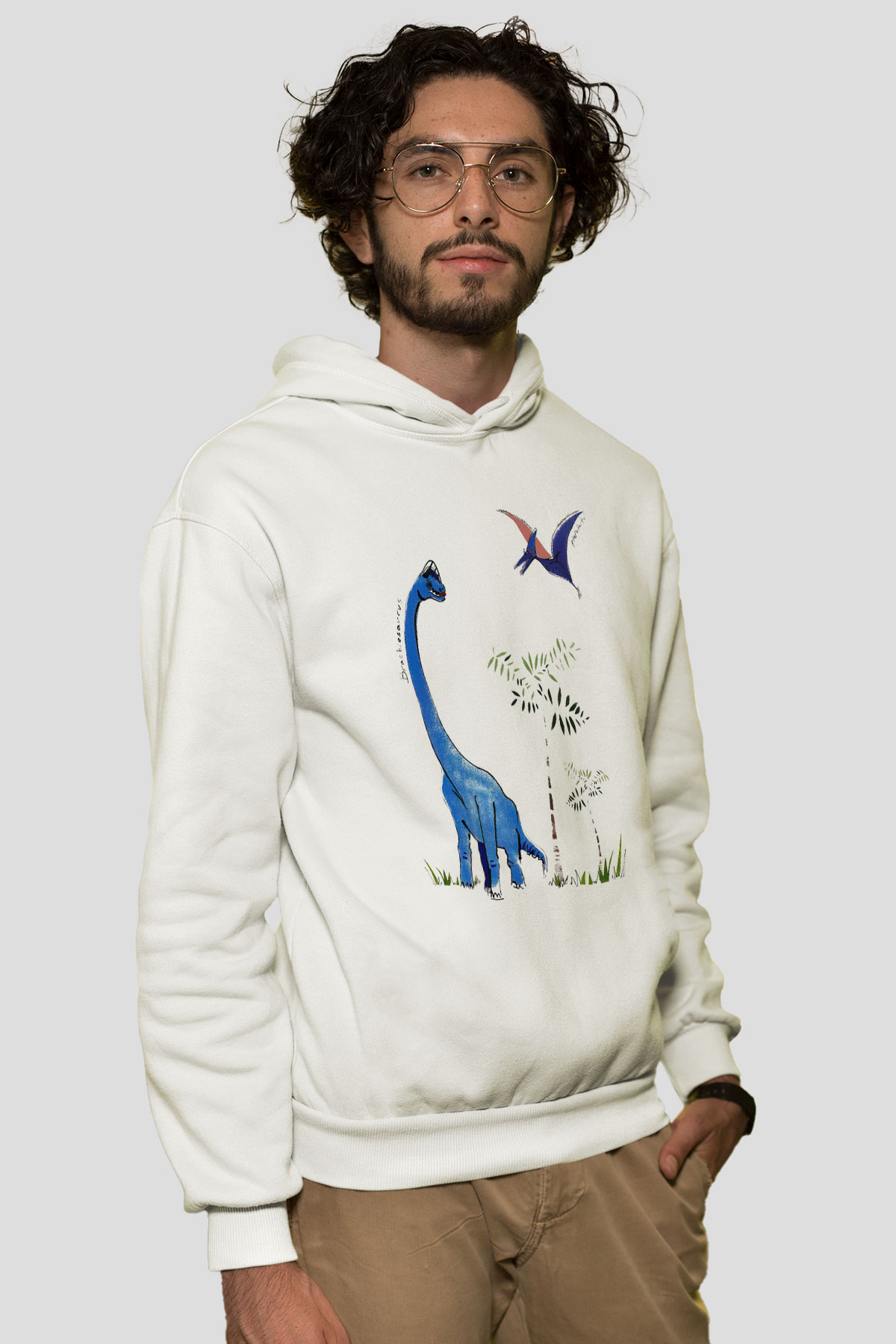 Dinozor Beyaz Unisex Kapşonlu Sweatshirt