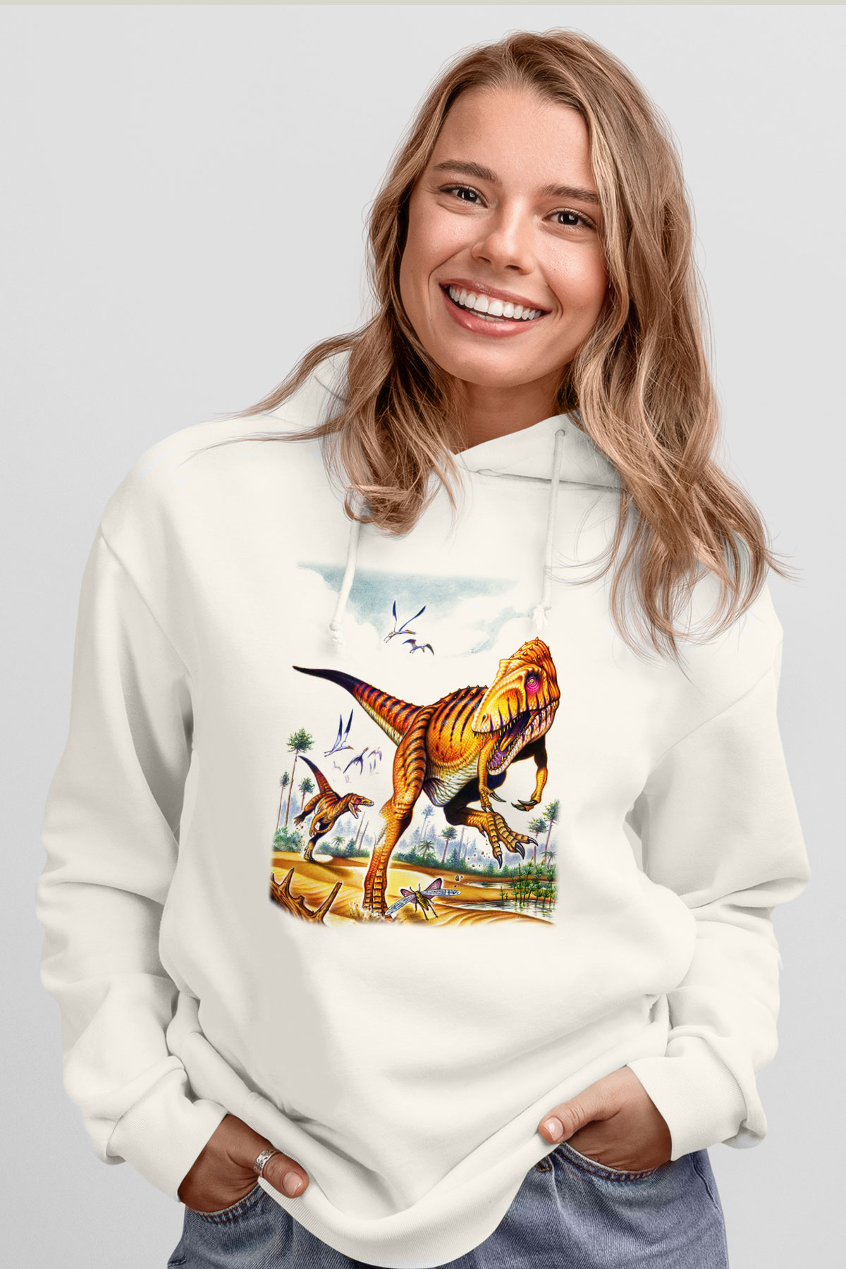 Dinozor Beyaz Unisex Kapşonlu Sweatshirt