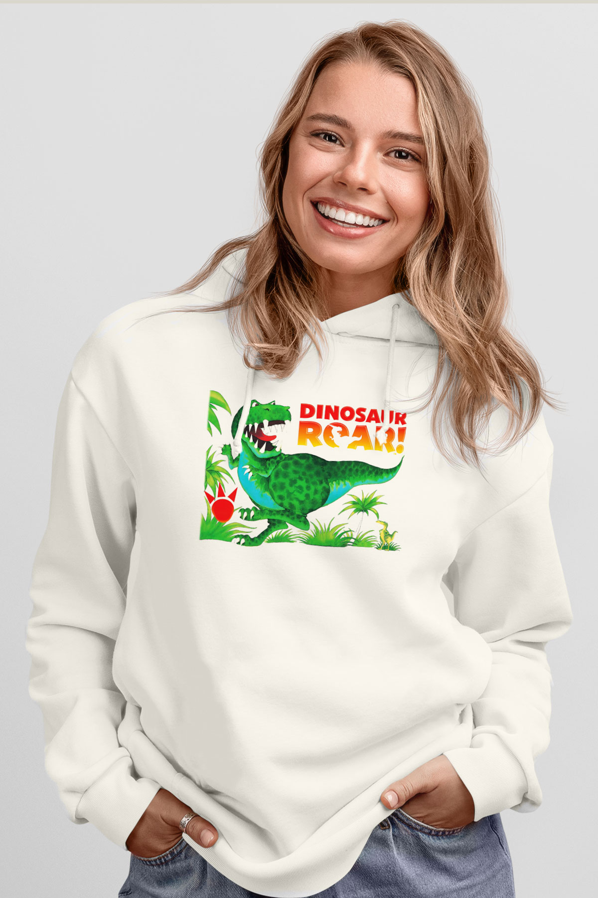 Dinozor Beyaz Unisex Kapşonlu Sweatshirt