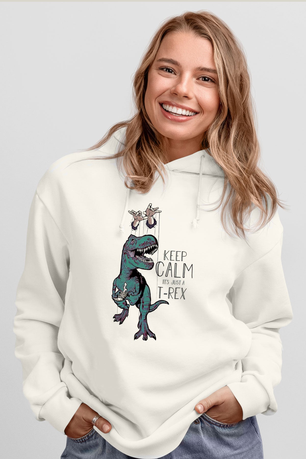 Dinozor Beyaz Unisex Kapüşonlu Sweatshirt