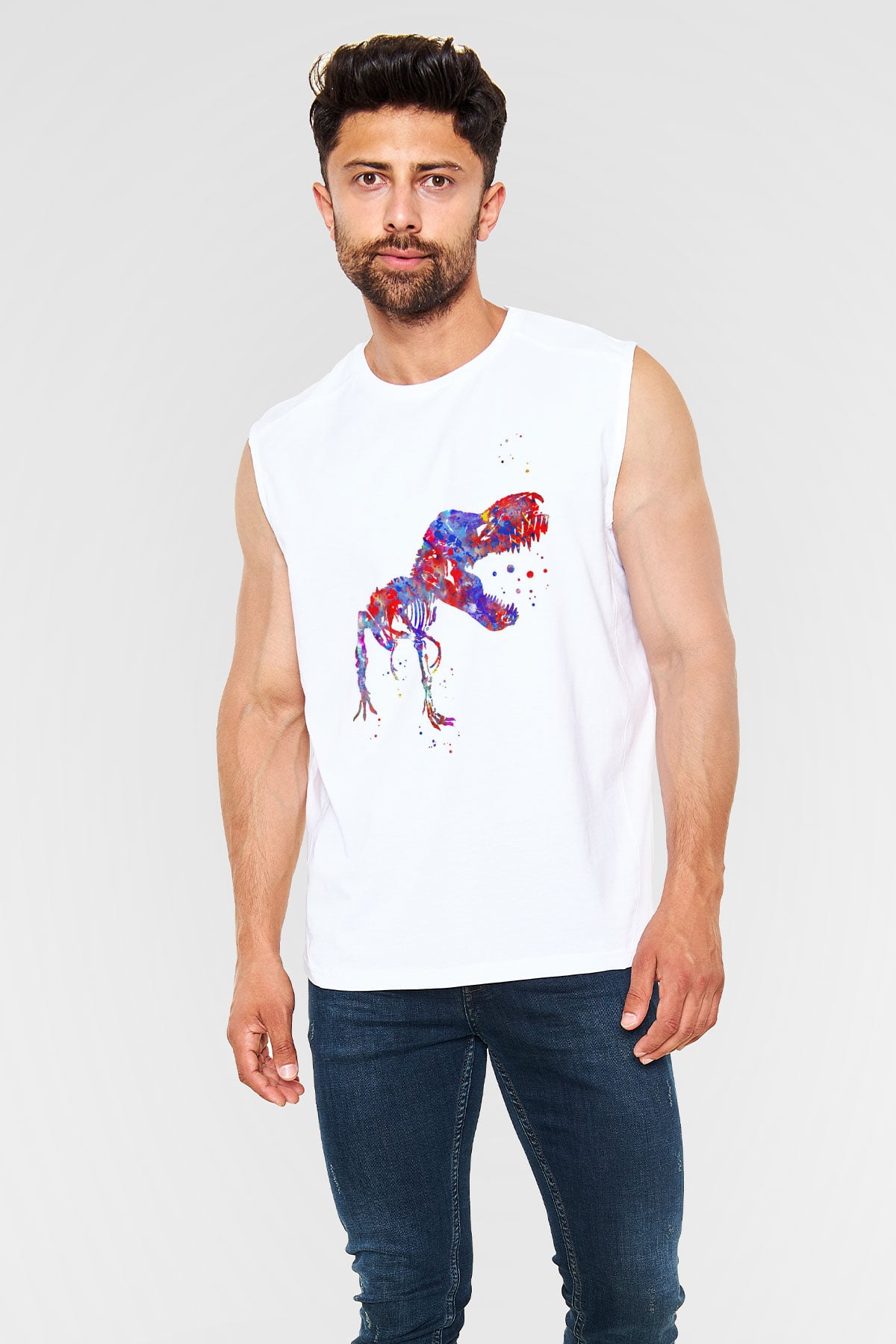 Dinozor Beyaz Unisex Kolsuz Tişört