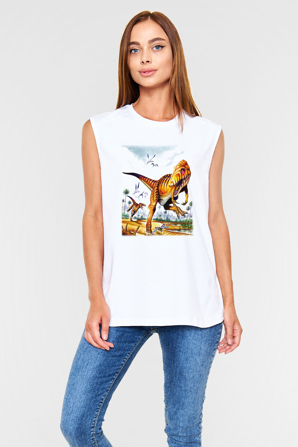 Dinozor Beyaz Unisex Kolsuz Tişört