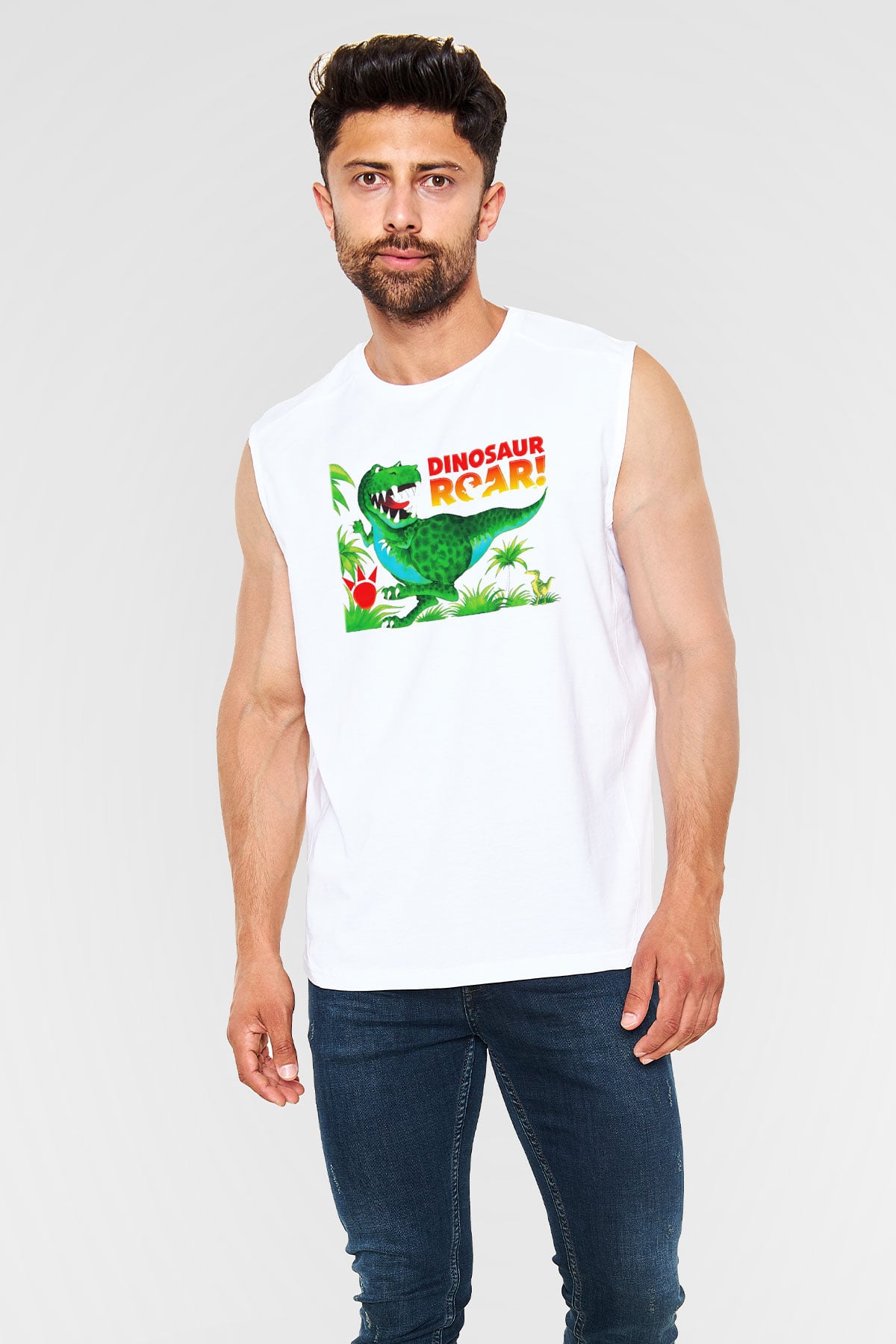Dinozor Beyaz Unisex Kolsuz Tişört