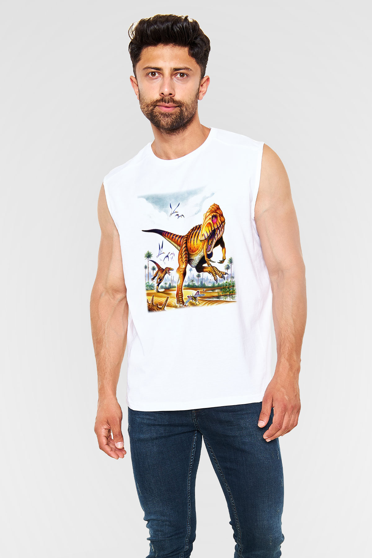 Dinozor Beyaz Unisex Kolsuz Tişört