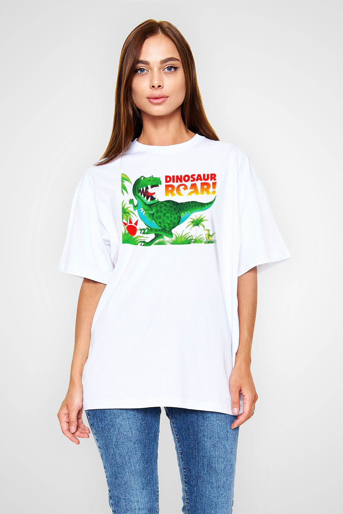 Dinozor Beyaz Unisex Oversize Tişört T-Shirt