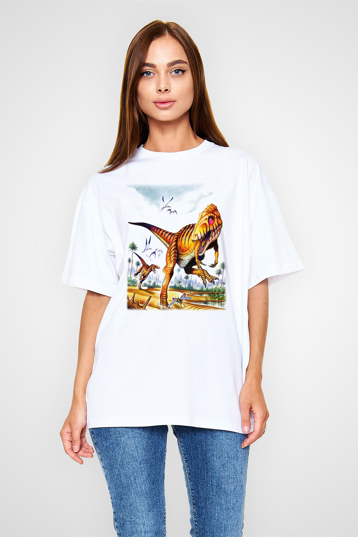 Dinozor Beyaz Unisex Oversize Tişört T-Shirt
