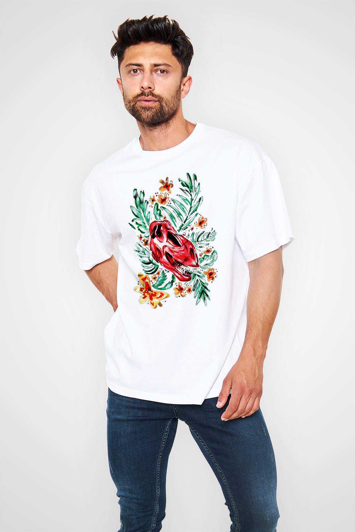 Dinozor Beyaz Unisex Oversize Tişört T-Shirt