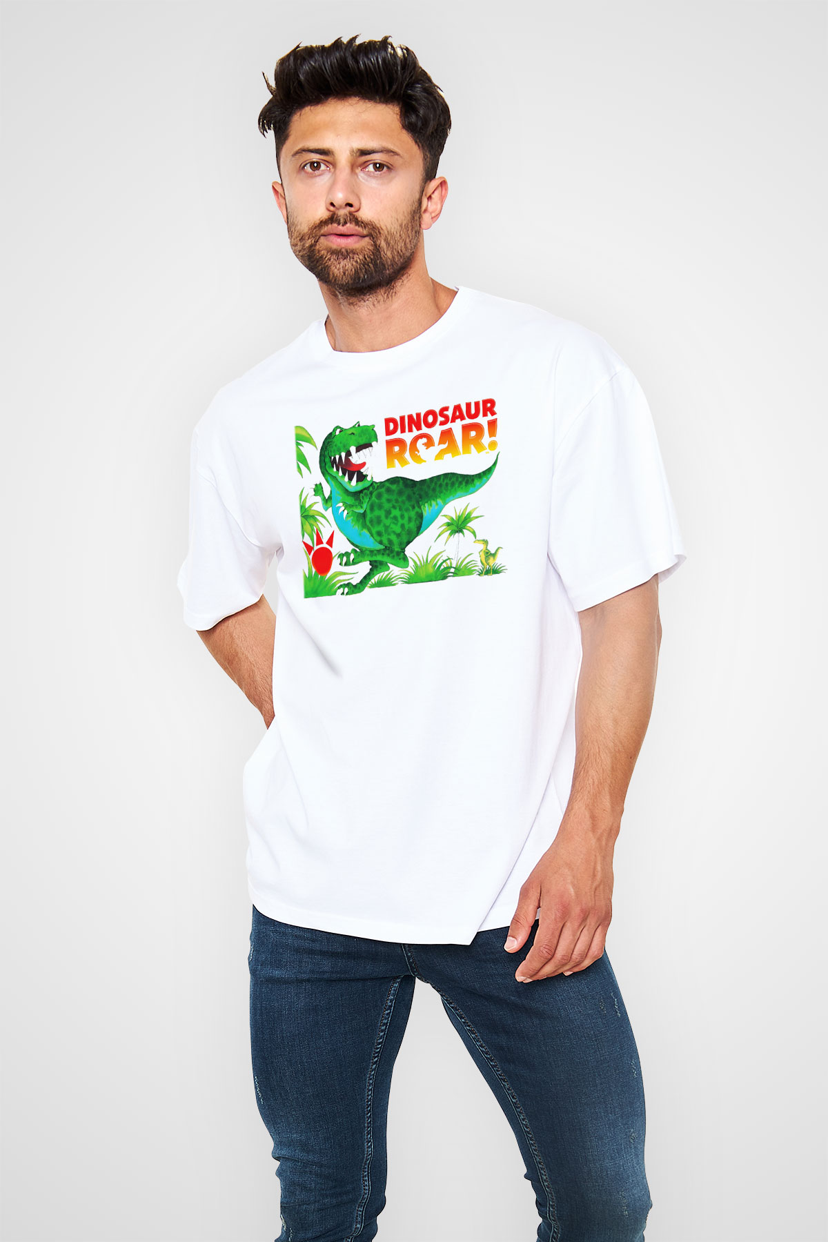 Dinozor Beyaz Unisex Oversize Tişört T-Shirt