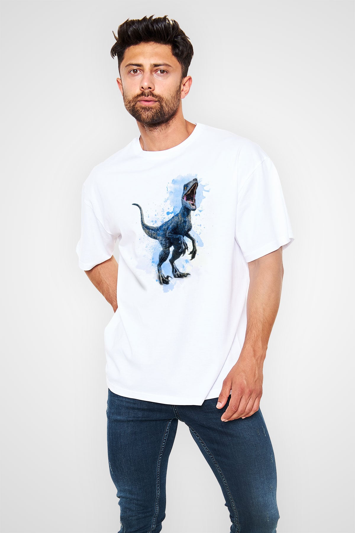 Dinozor Beyaz Oversize Tişört Oversize T-shirt - TişörtFabrikası