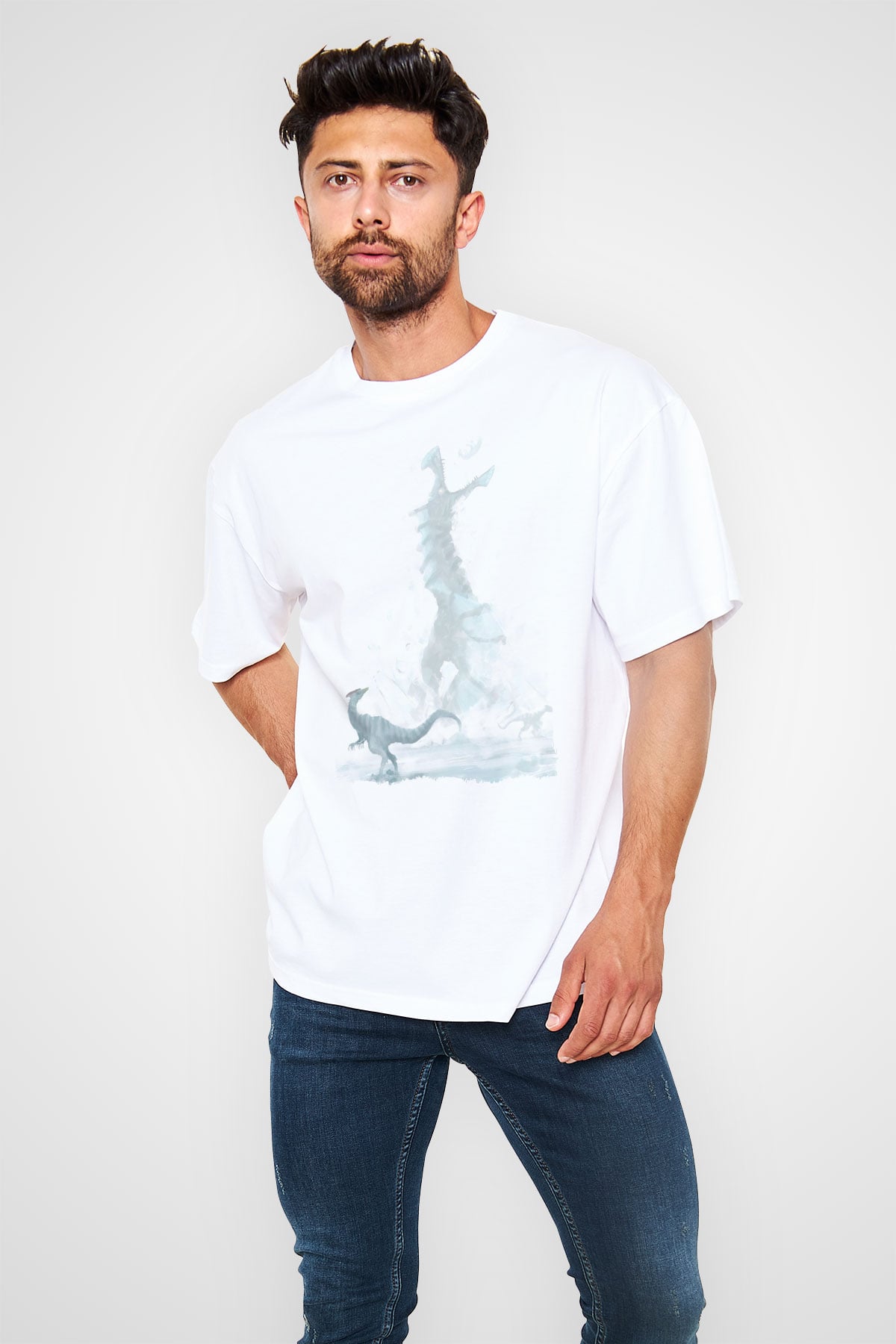 Dinozor Beyaz Oversize Tişört Oversize T-shirt - TişörtFabrikası