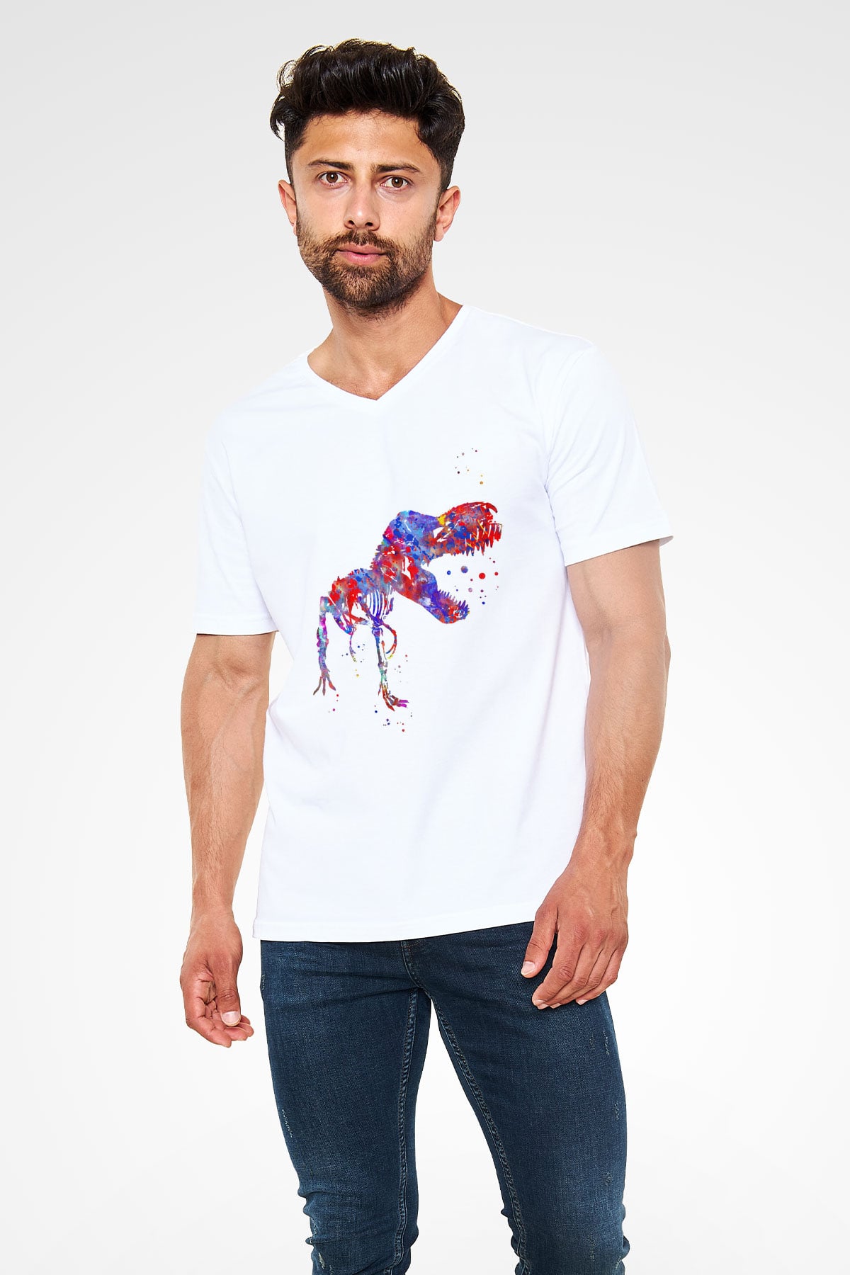Dinozor Beyaz Unisex V Yaka Tişört