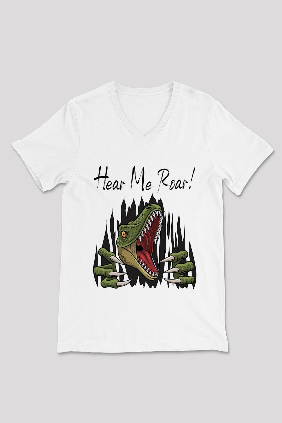 Dinozor Beyaz Unisex V Yaka Tişört