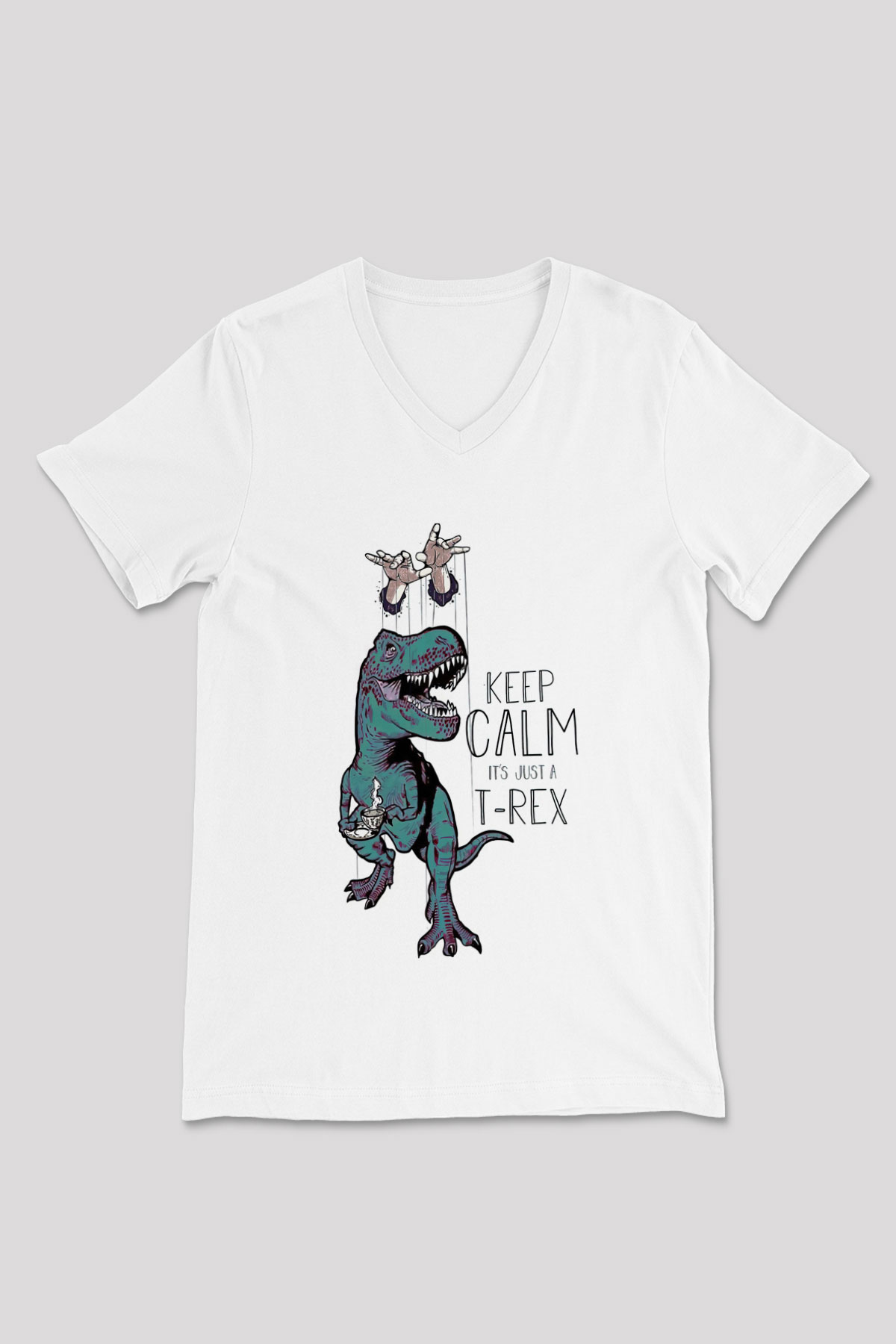 Dinozor Beyaz Unisex V Yaka Tişört
