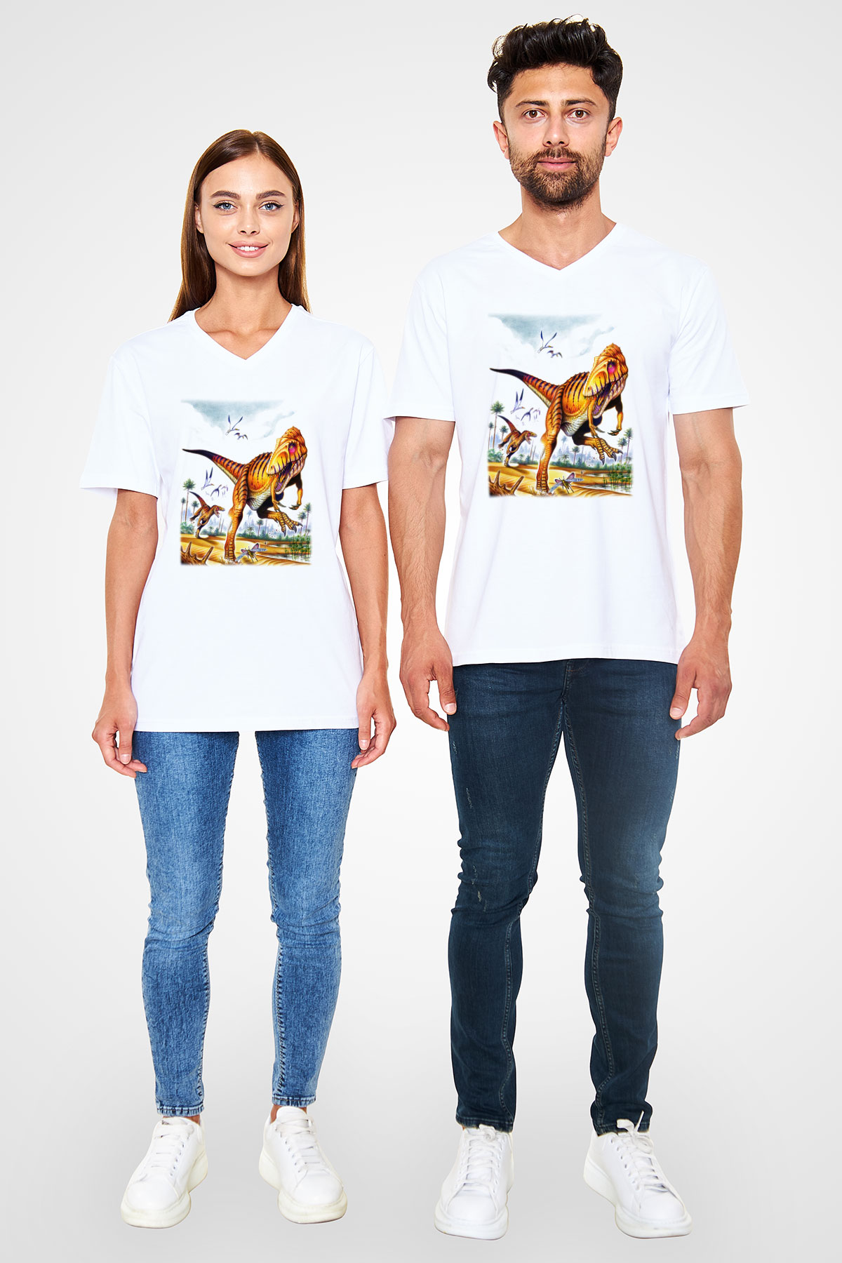 Dinozor Beyaz Unisex V Yaka Tişört T-Shirt