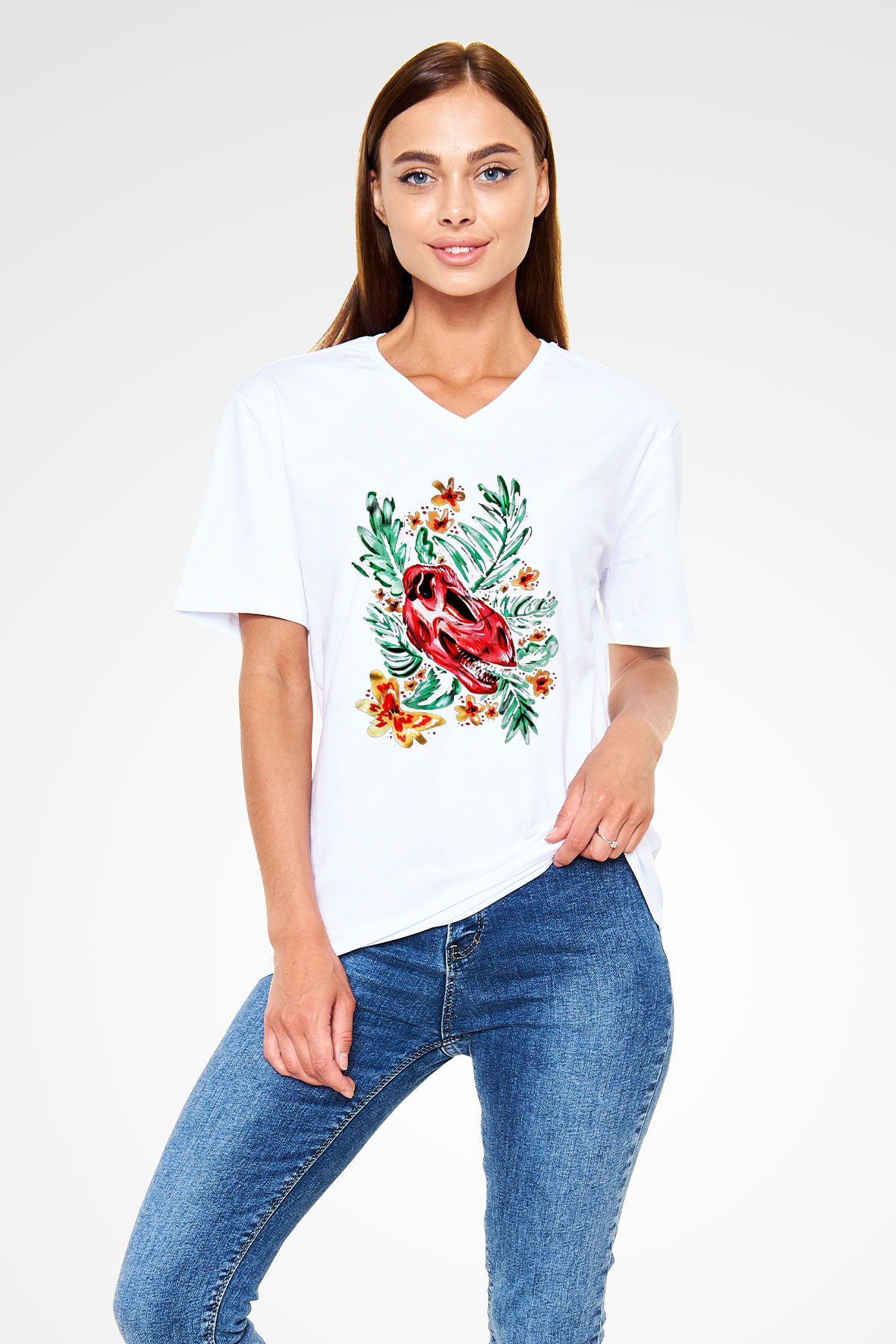 Dinozor Beyaz Unisex V Yaka Tişört T-Shirt