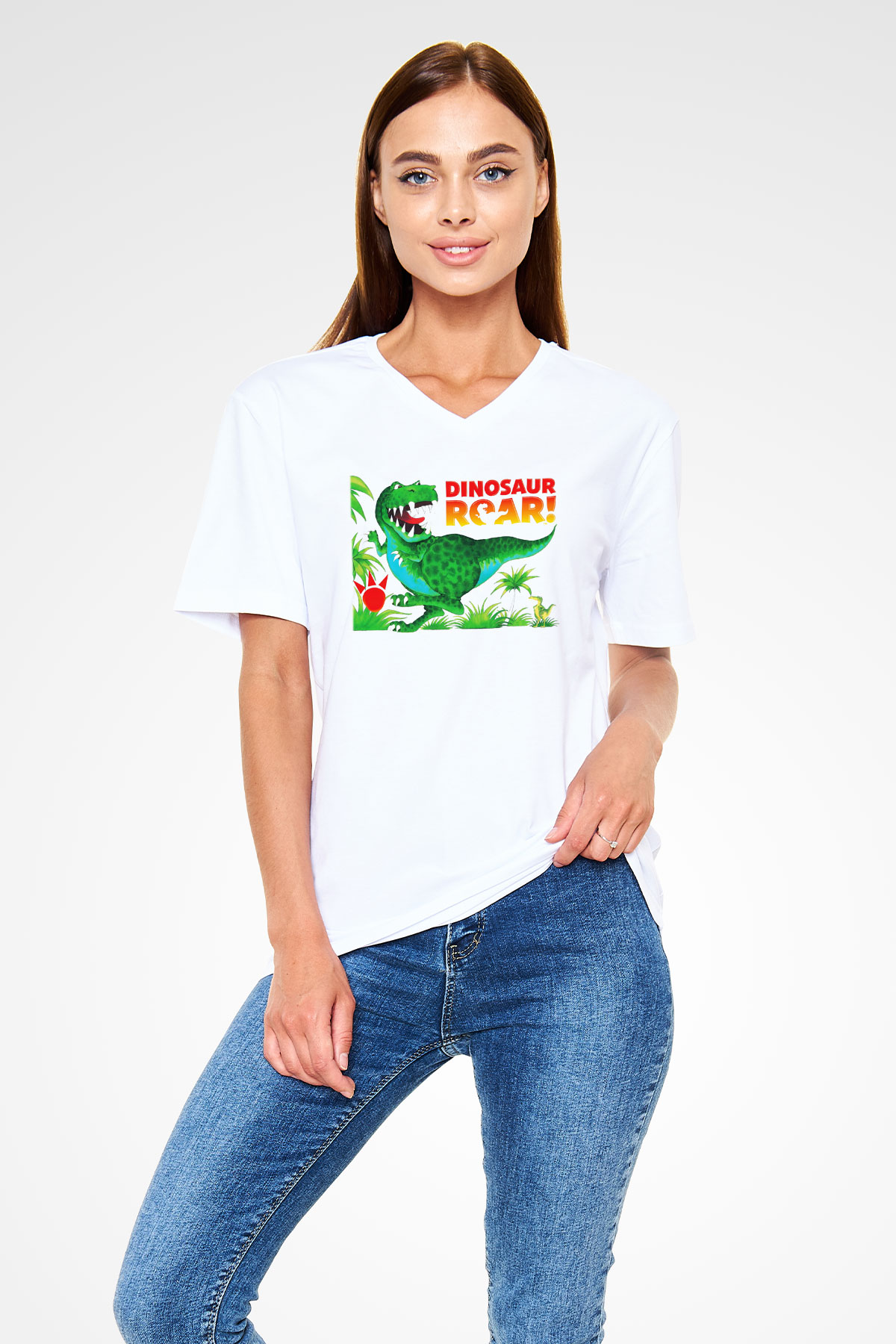 Dinozor Beyaz Unisex V Yaka Tişört T-Shirt