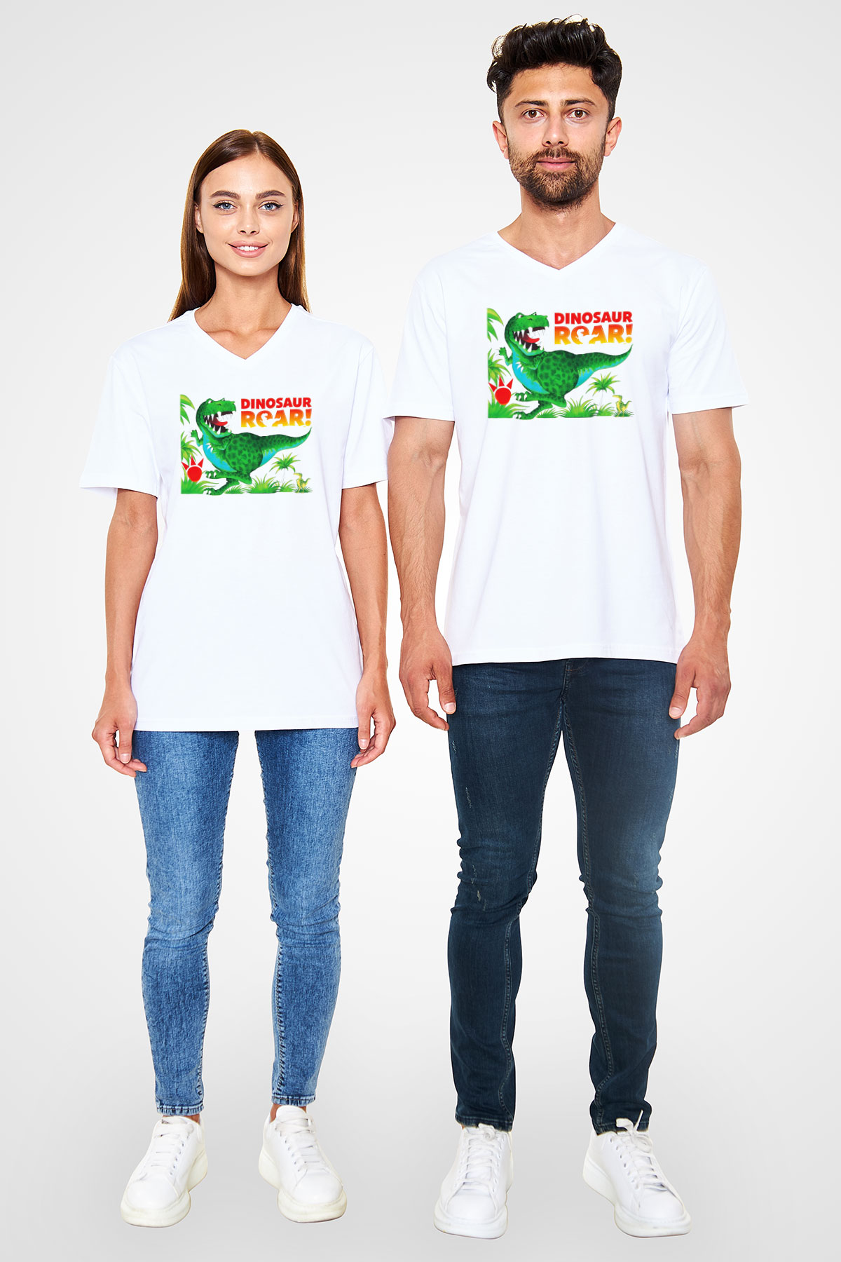 Dinozor Beyaz Unisex V Yaka Tişört T-Shirt