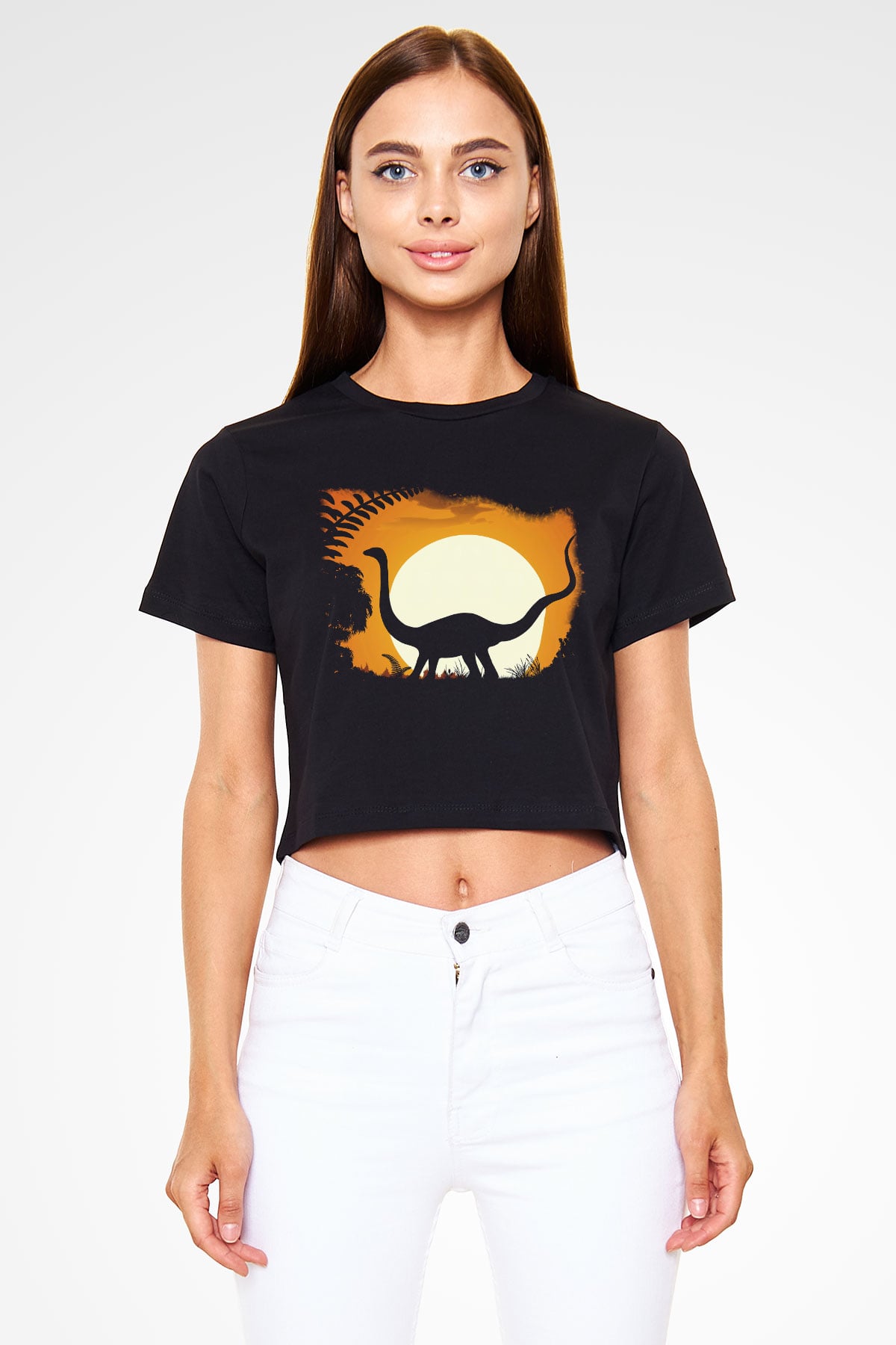 Dinozor Siyah Crop Top Tişört
