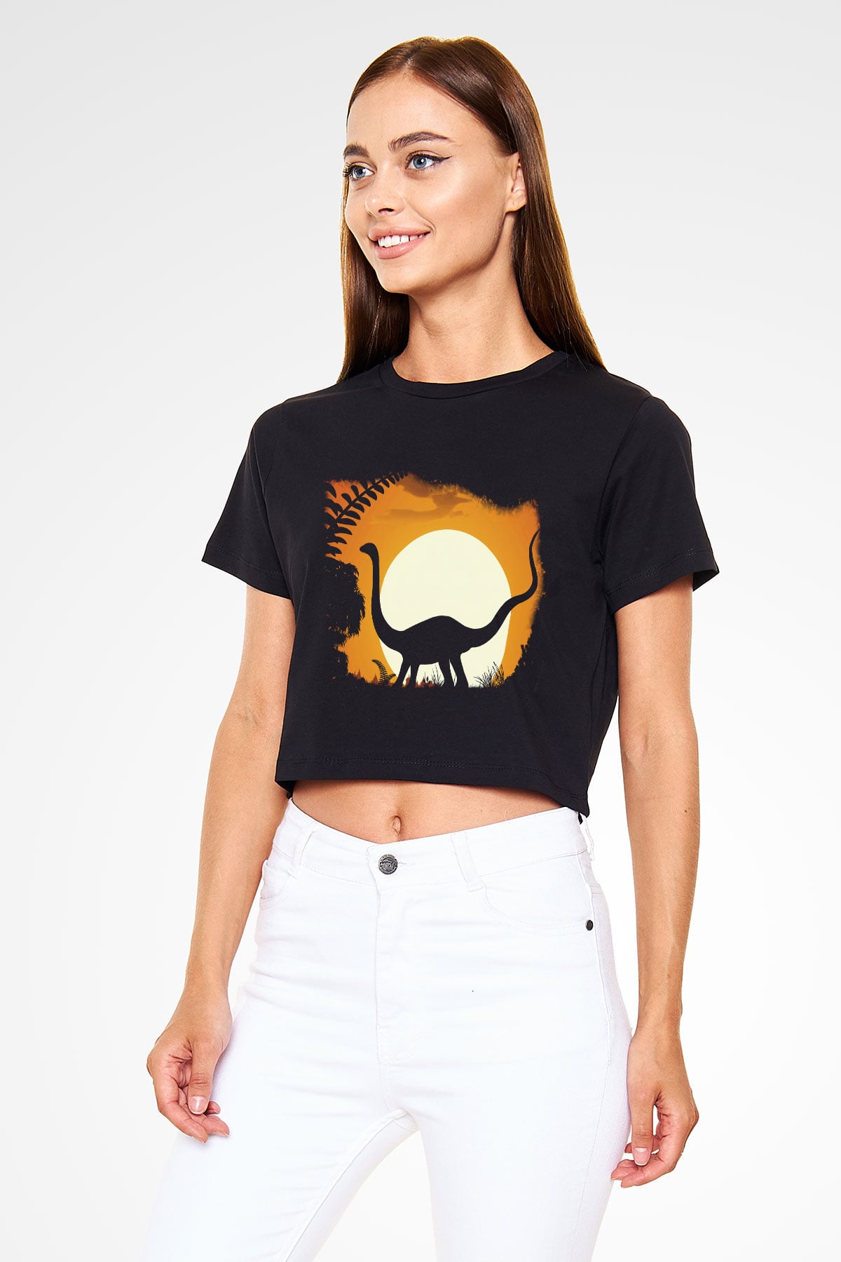 Dinozor Siyah Crop Top Tişört