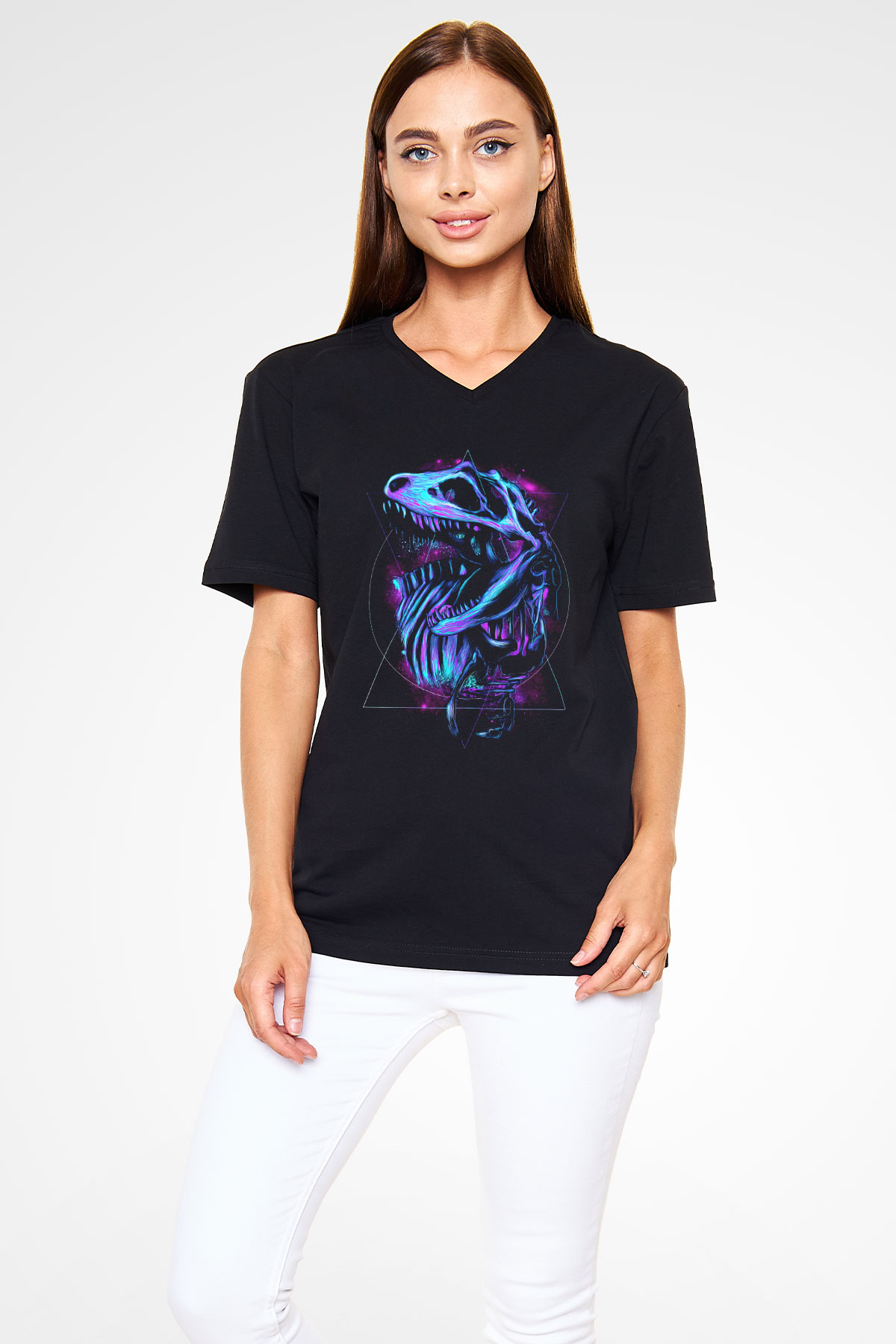 Dinozor Siyah Unisex V Yaka Tişört