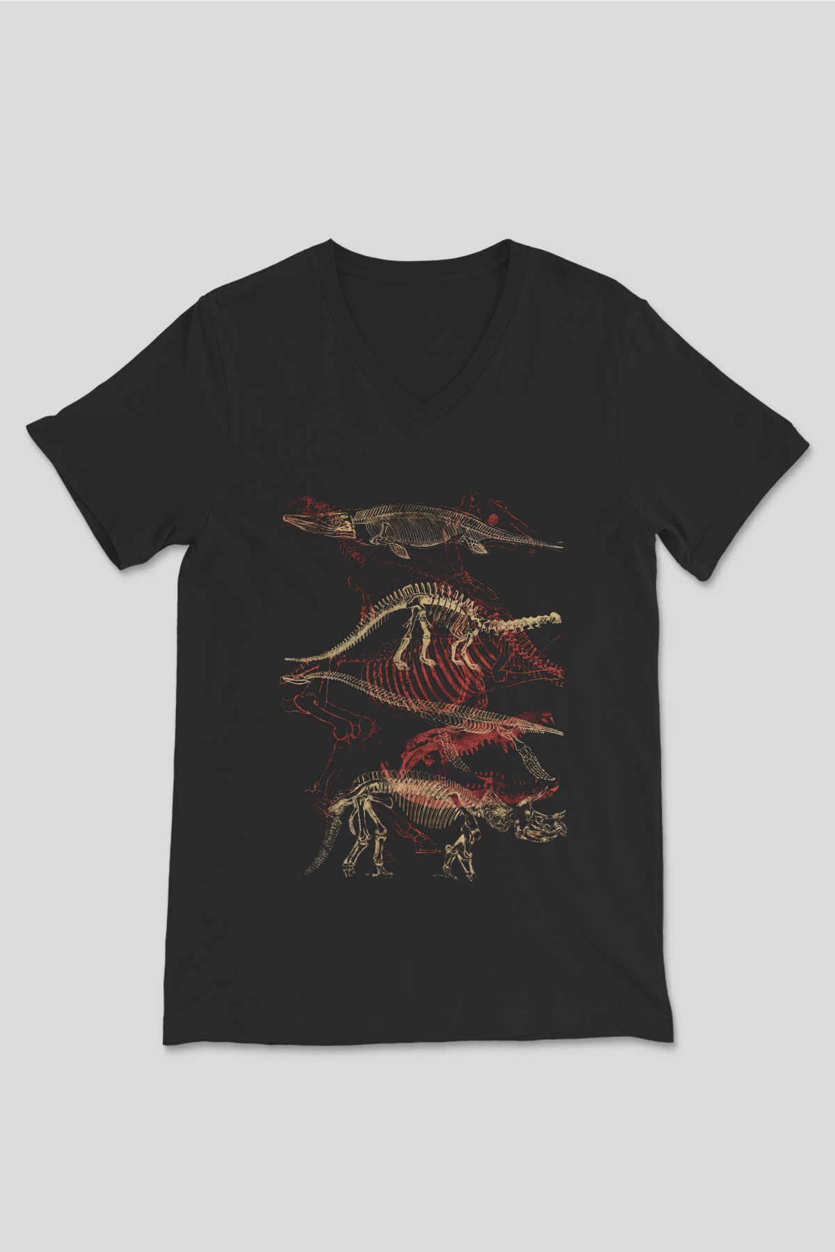 Dinozor Siyah Unisex V Yaka Tişört