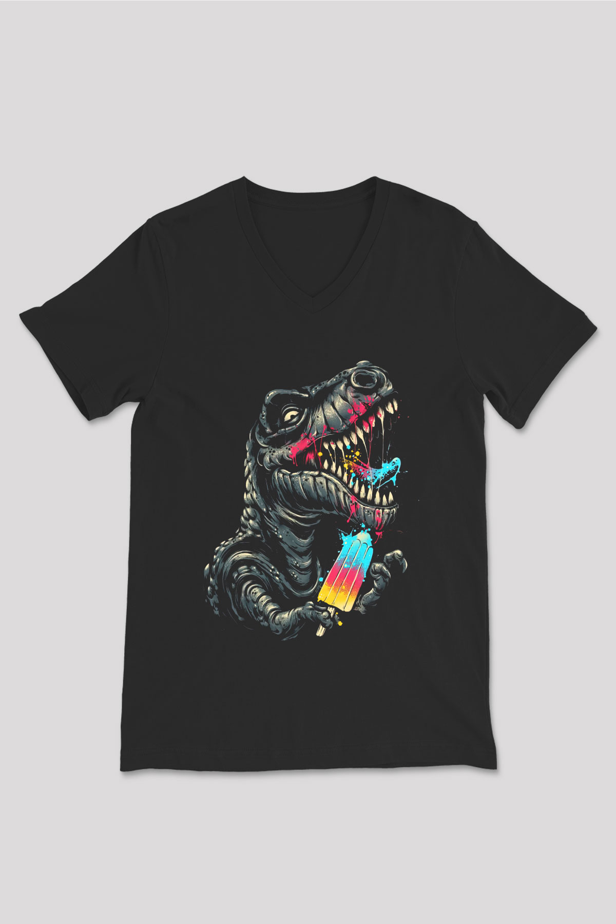 Dinozor Siyah Unisex V Yaka Tişört