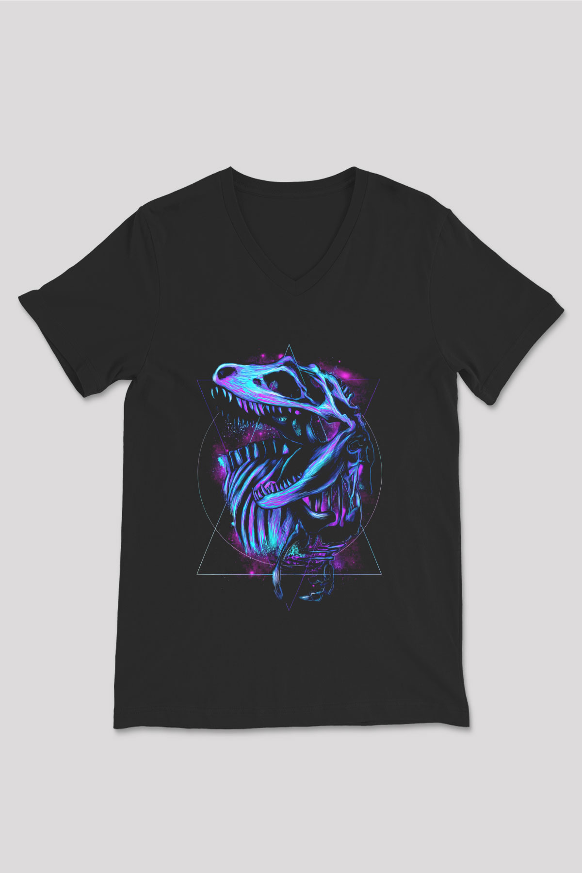 Dinozor Siyah Unisex V Yaka Tişört