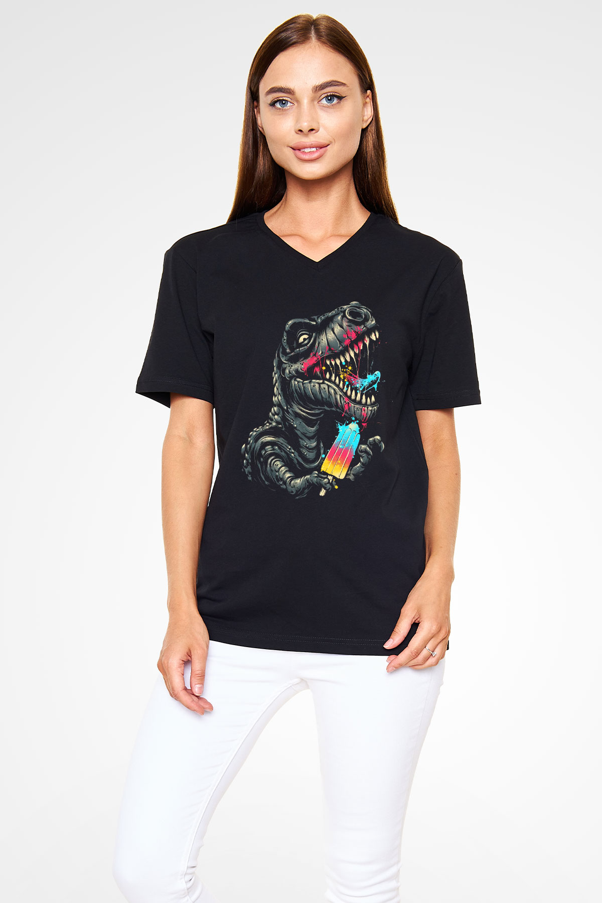Dinozor Siyah Unisex V Yaka Tişört