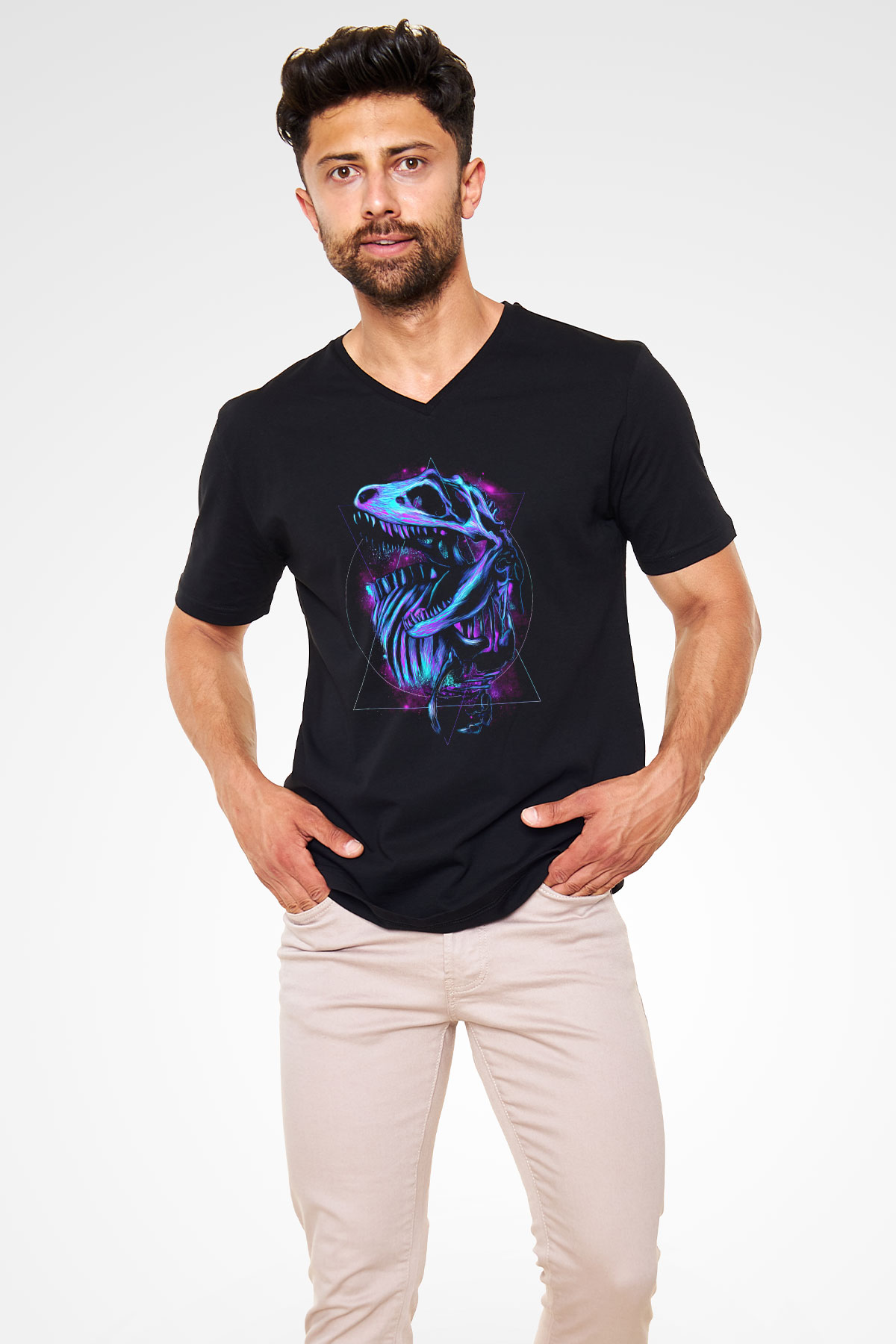 Dinozor Siyah Unisex V Yaka Tişört