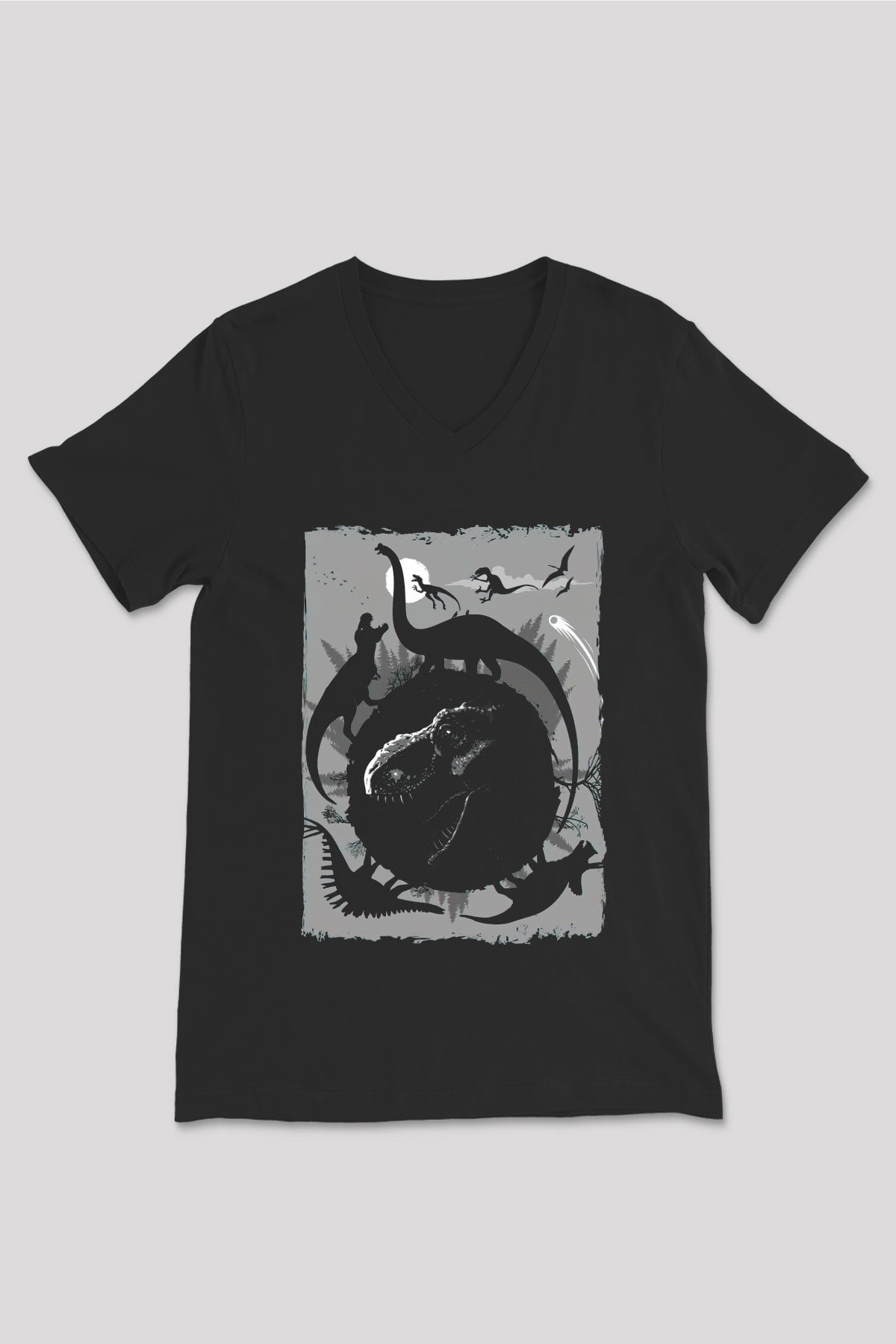 Dinozor Siyah Unisex V Yaka Tişört
