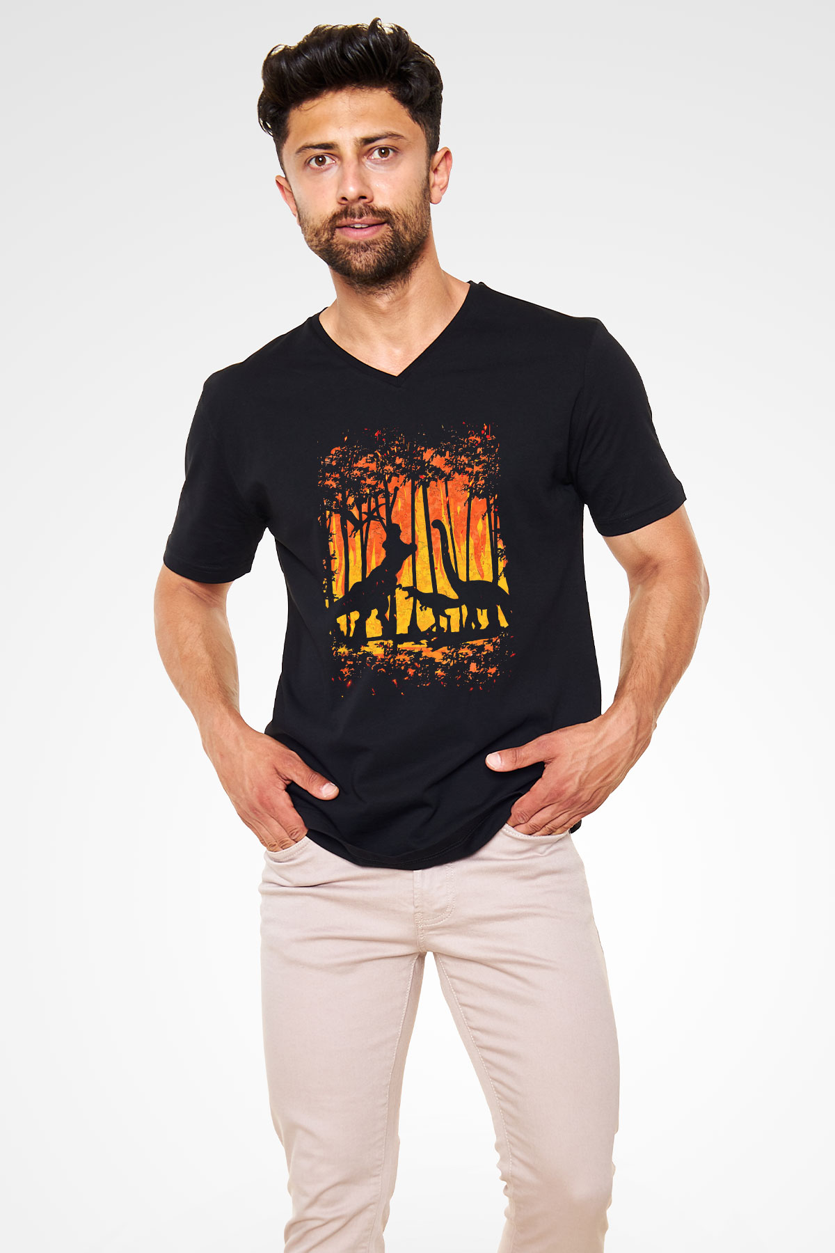 Dinozor Siyah Unisex V Yaka Tişört