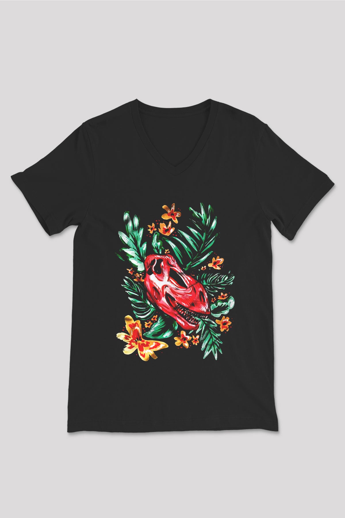 Dinozor Siyah Unisex V Yaka Tişört T-Shirt