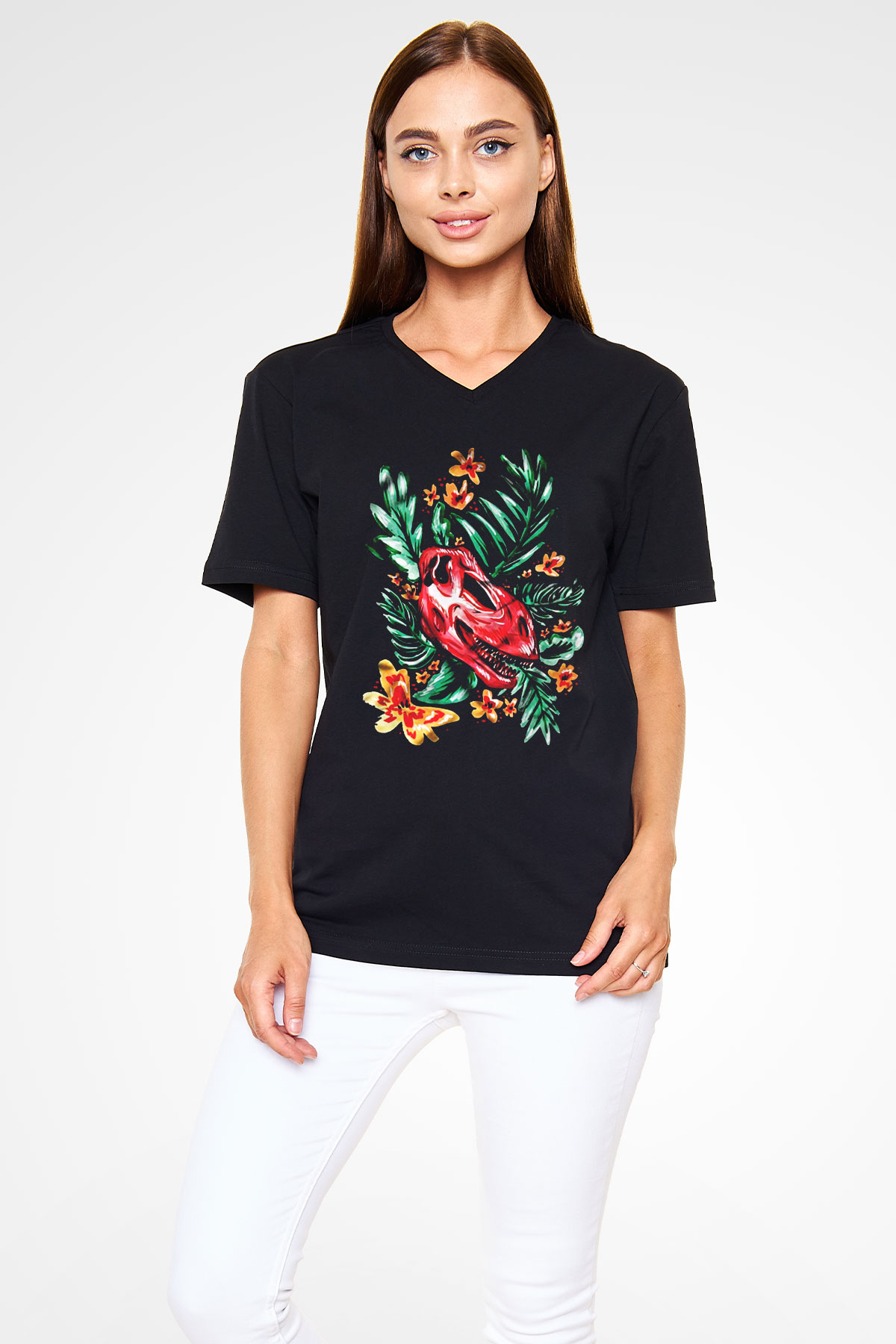 Dinozor Siyah Unisex V Yaka Tişört T-Shirt