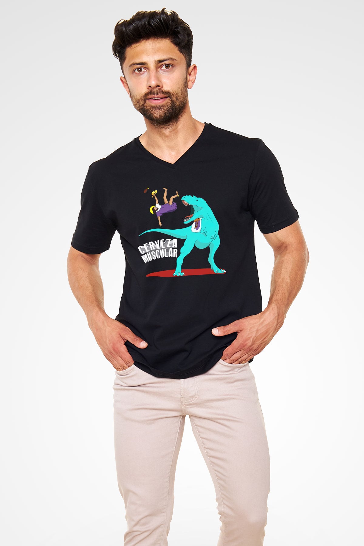 Dinozor Siyah Unisex V Yaka Tişört T-Shirt