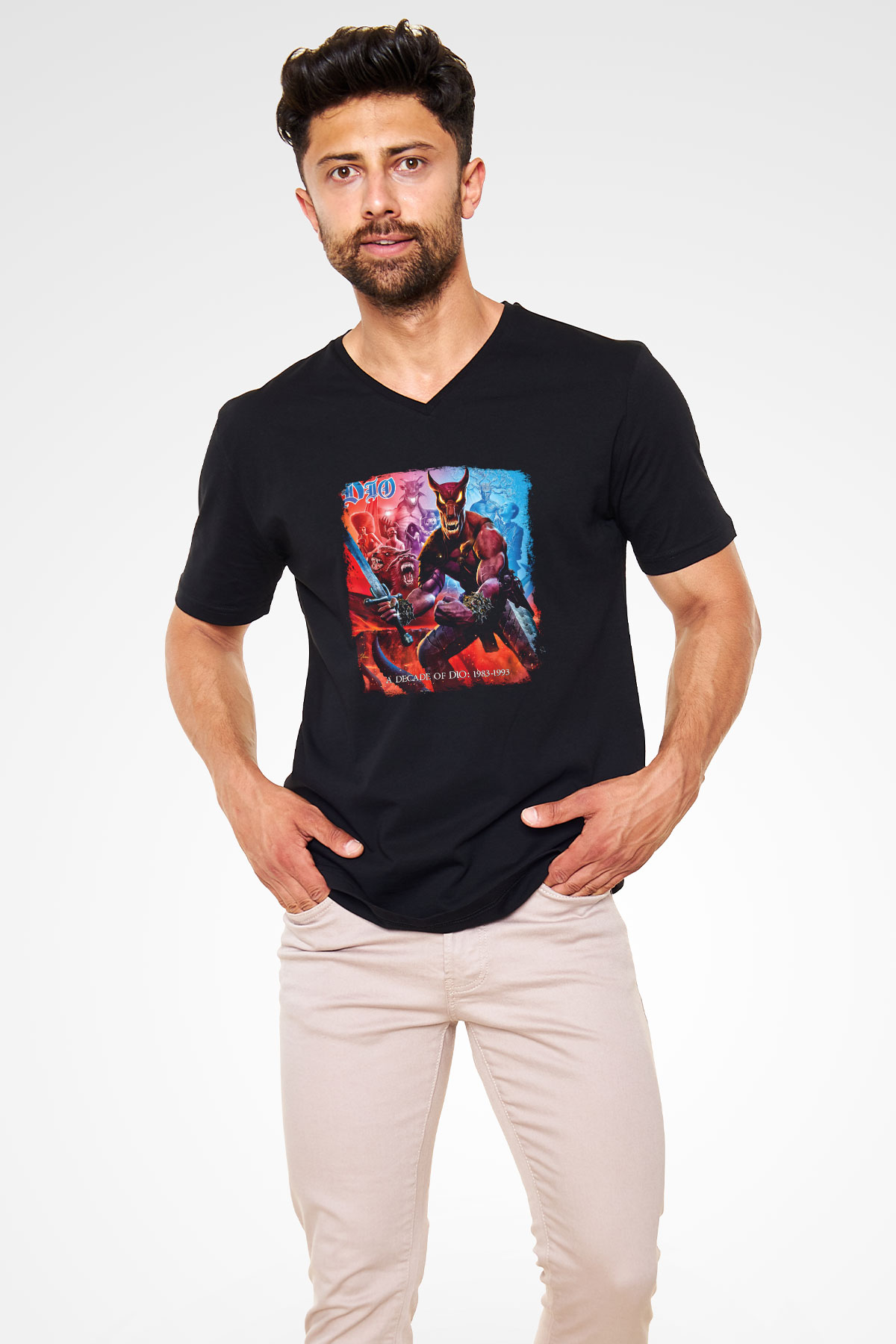 Dio Baskılı Unisex Siyah V Yaka Tişört