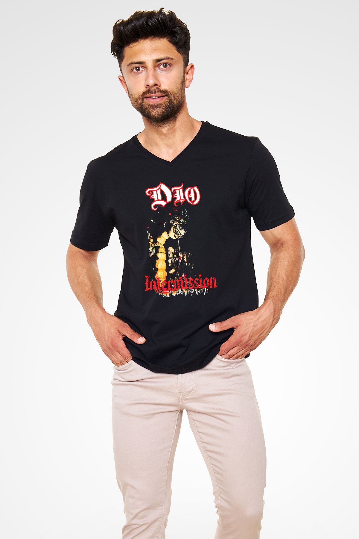 Dio Baskılı Unisex Siyah V Yaka Tişört