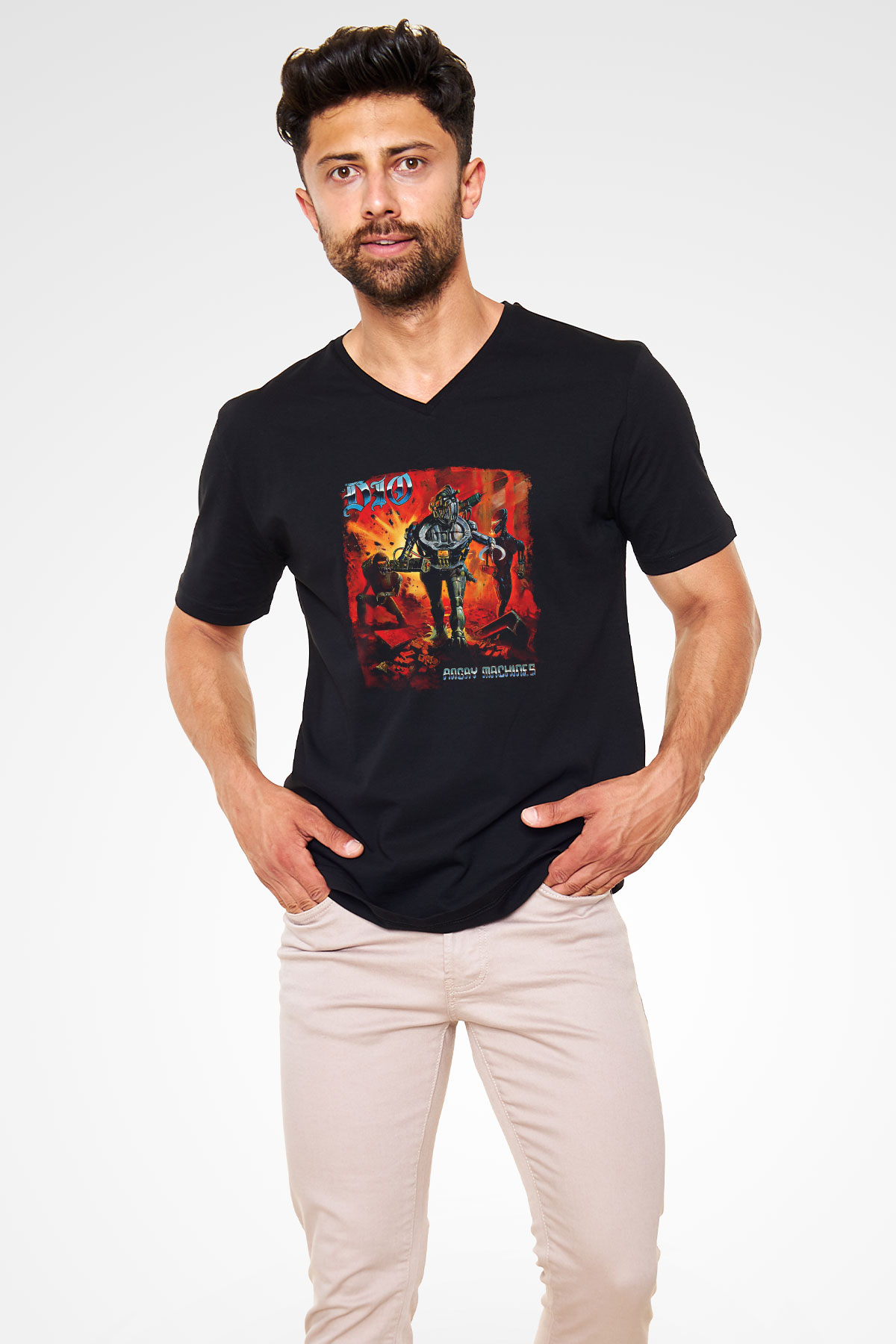 Dio Baskılı Unisex Siyah V Yaka Tişört