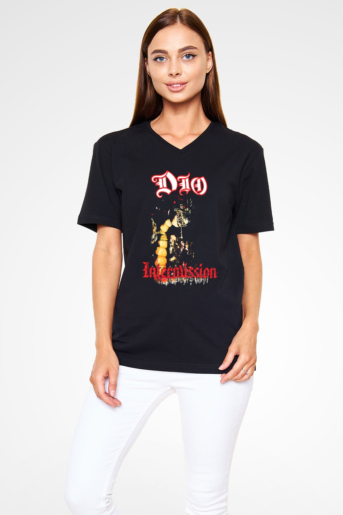 Dio Baskılı Unisex Siyah V Yaka Tişört