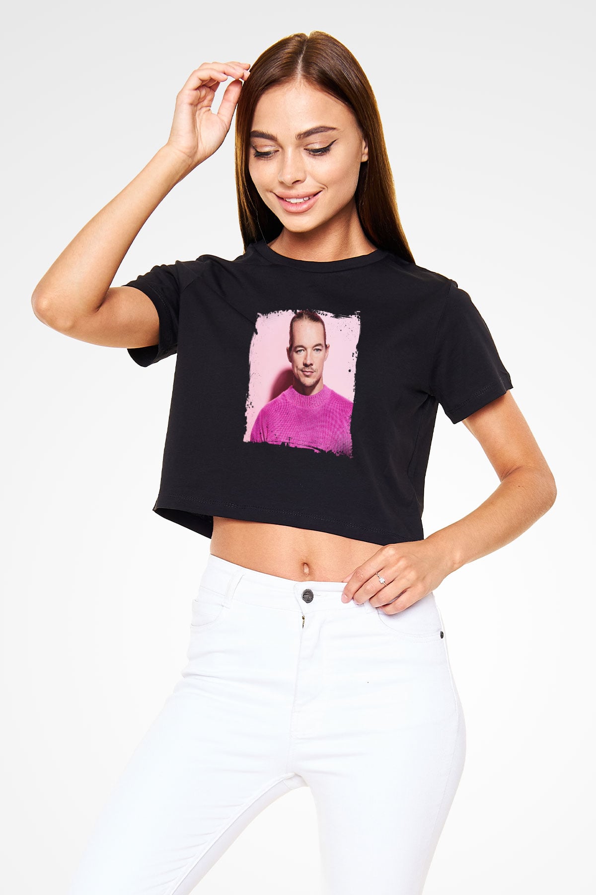 Diplo Baskılı Crop Top Siyah Kadın Tişört