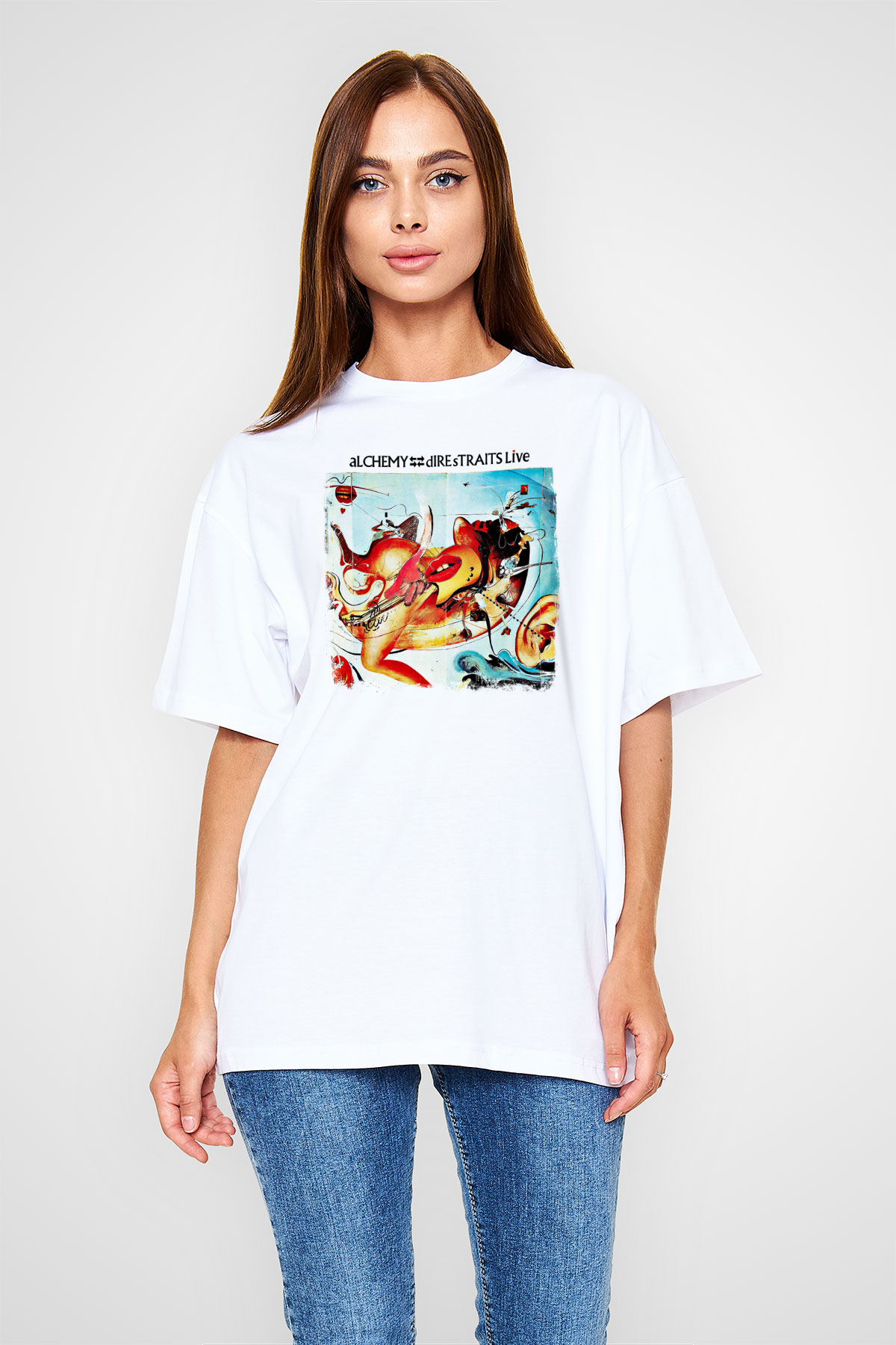 Dire Straits Baskılı Unisex Beyaz Oversize Tişört