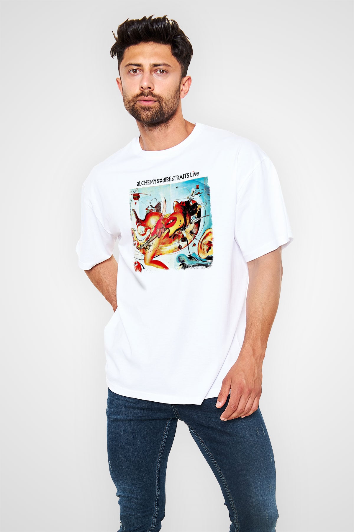 Dire Straits Baskılı Unisex Beyaz Oversize Tişört