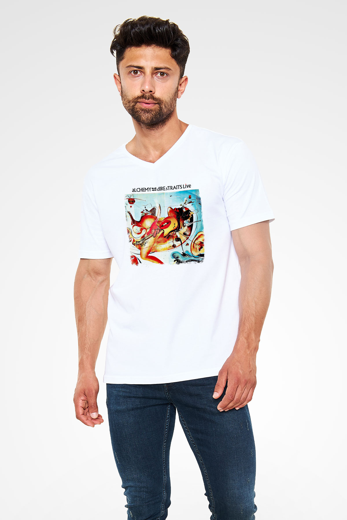 Dire Straits Baskılı Unisex Beyaz V Yaka Tişört