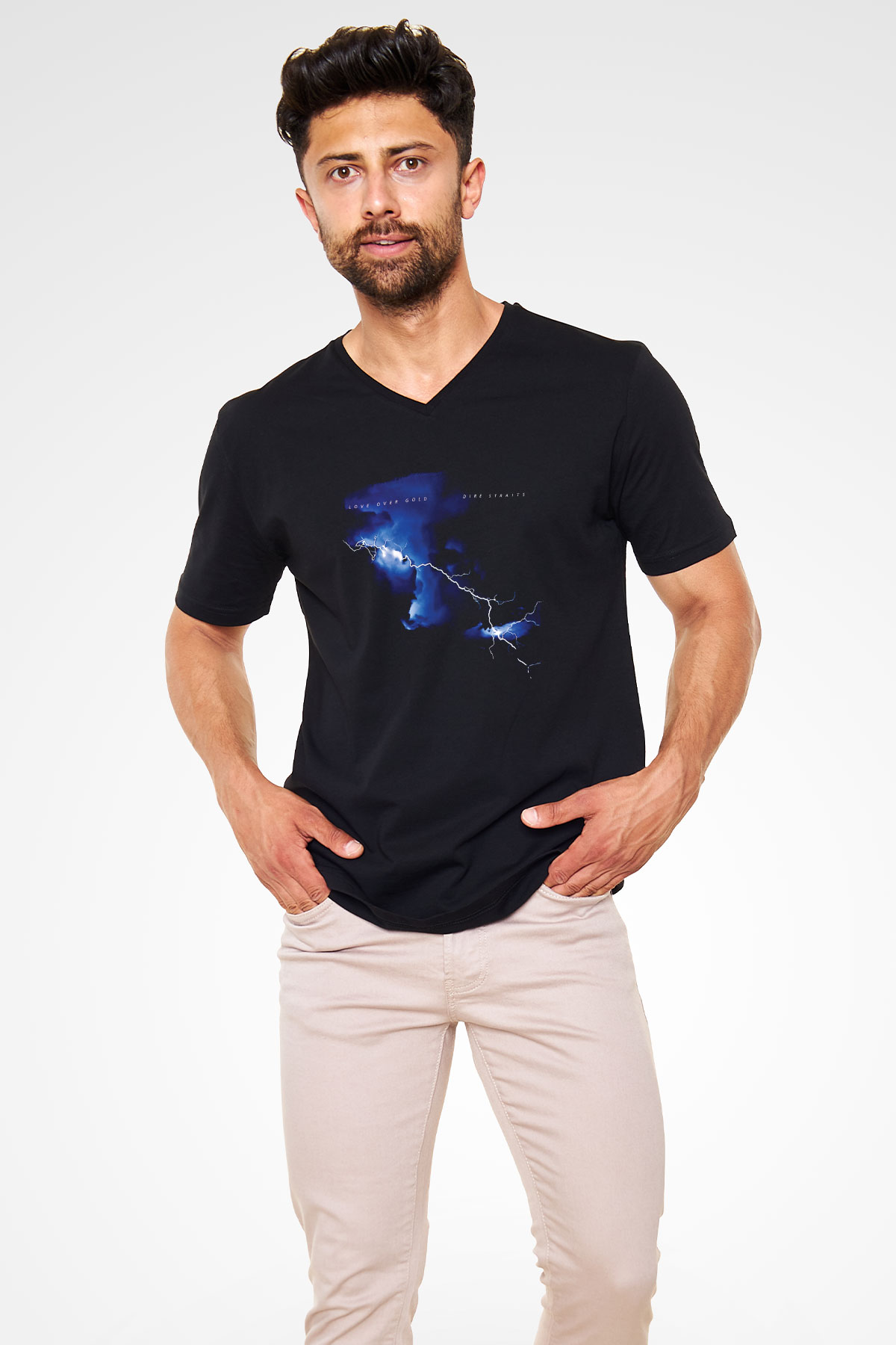 Dire Straits Baskılı Unisex Siyah V Yaka Tişört