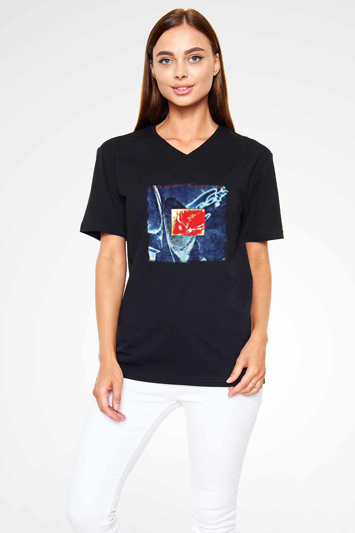 Dire Straits Baskılı Unisex Siyah V Yaka Tişört