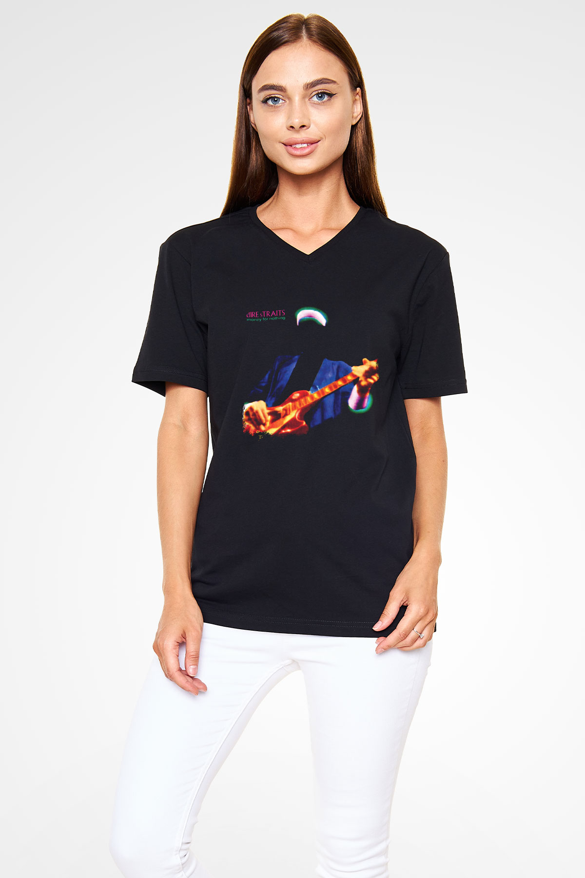 Dire Straits Baskılı Unisex Siyah V Yaka Tişört