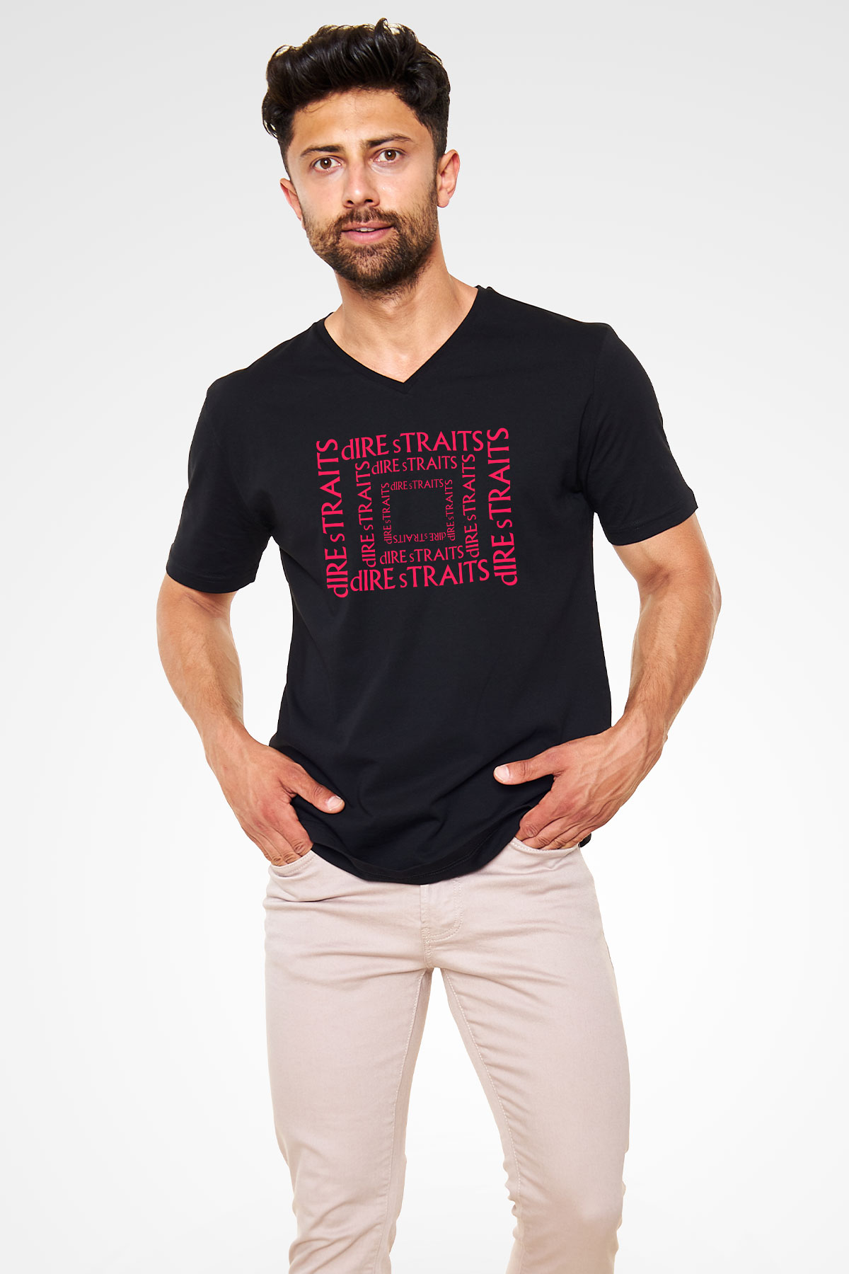 Dire Straits Siyah Unisex V Yaka Tişört T-Shirt