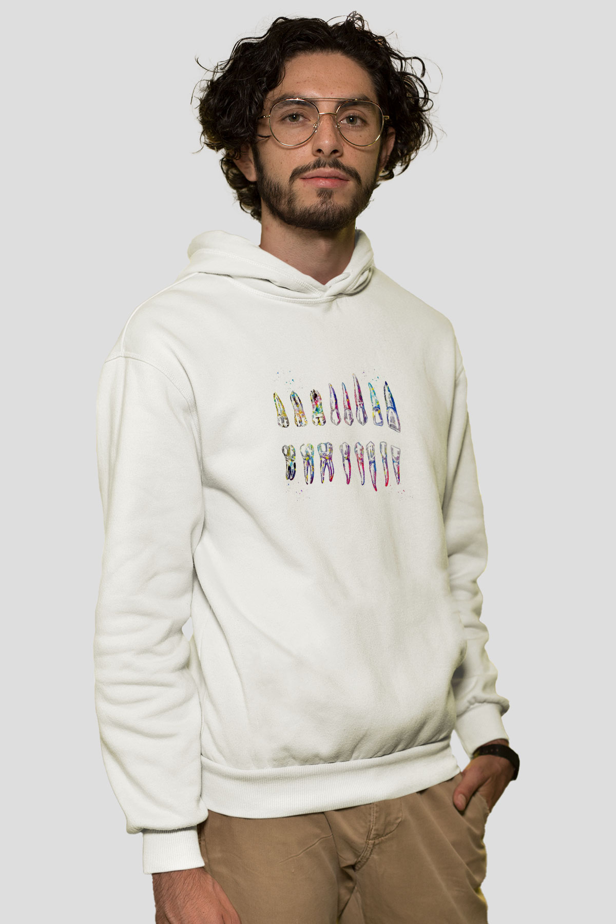 Diş Diyagramı Baskılı Unisex Ekru Hoodie