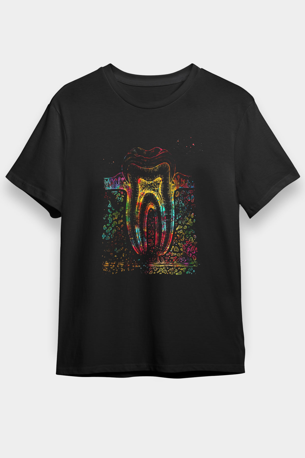 Diş Diyagramı Baskılı Unisex Siyah Tişört - Tshirt